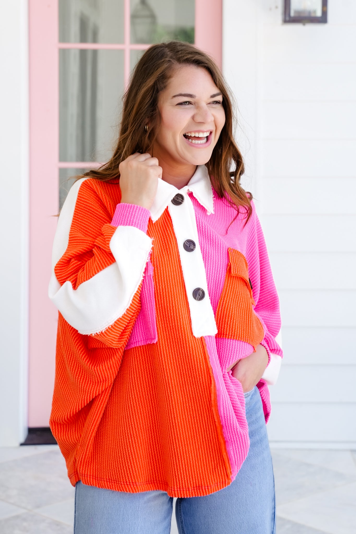 Urban Ribbed Color Block Long Sleeve Button Up Top