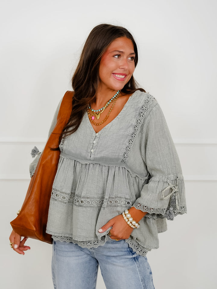 POL Vintage Washed Sage Peasant Top with Embroidered Trim