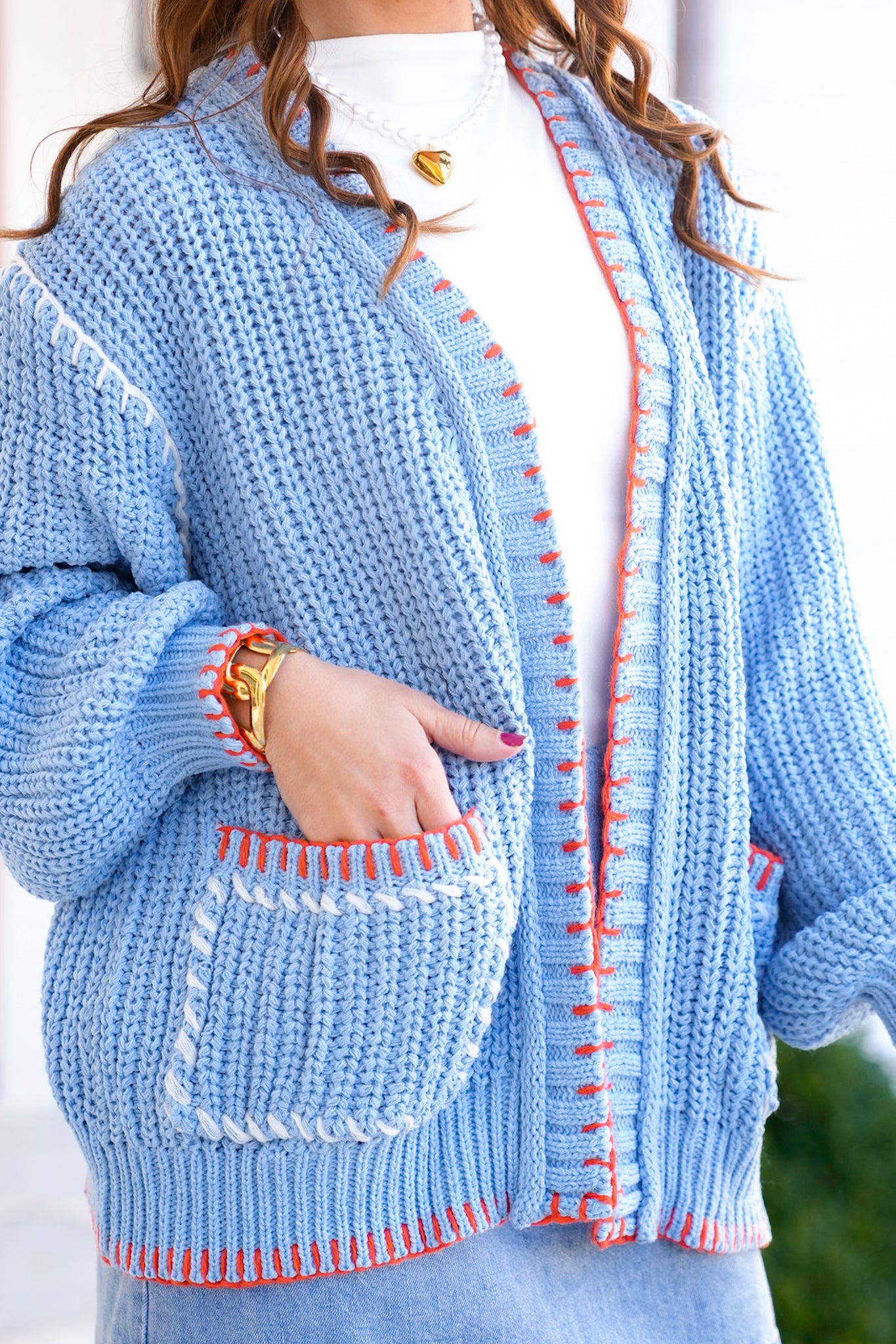 POL Blue Long Sleeve Open Cardigan With Stitching