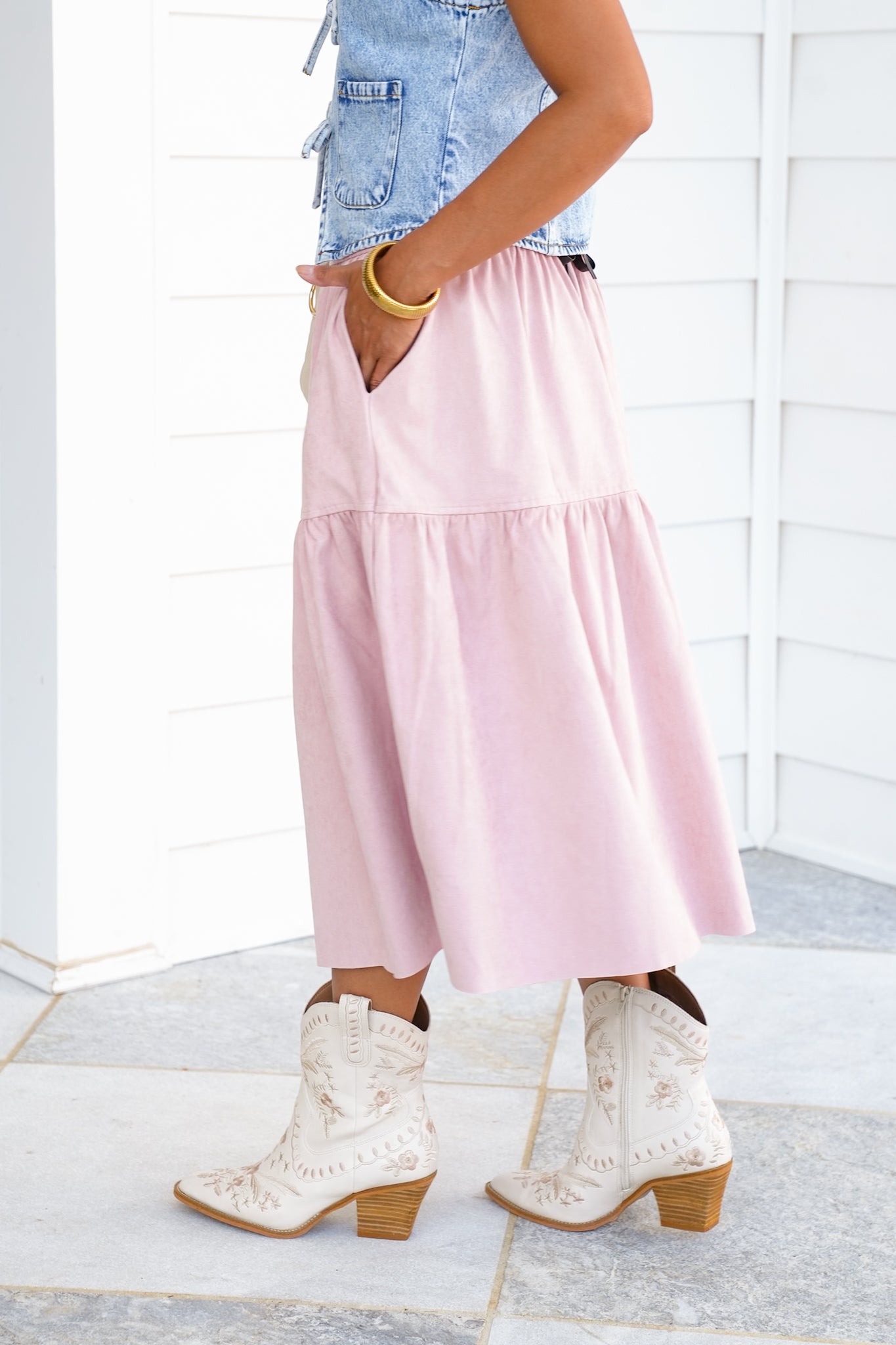 Vegan Suede Tiered Midi Skirt with Lace Detail