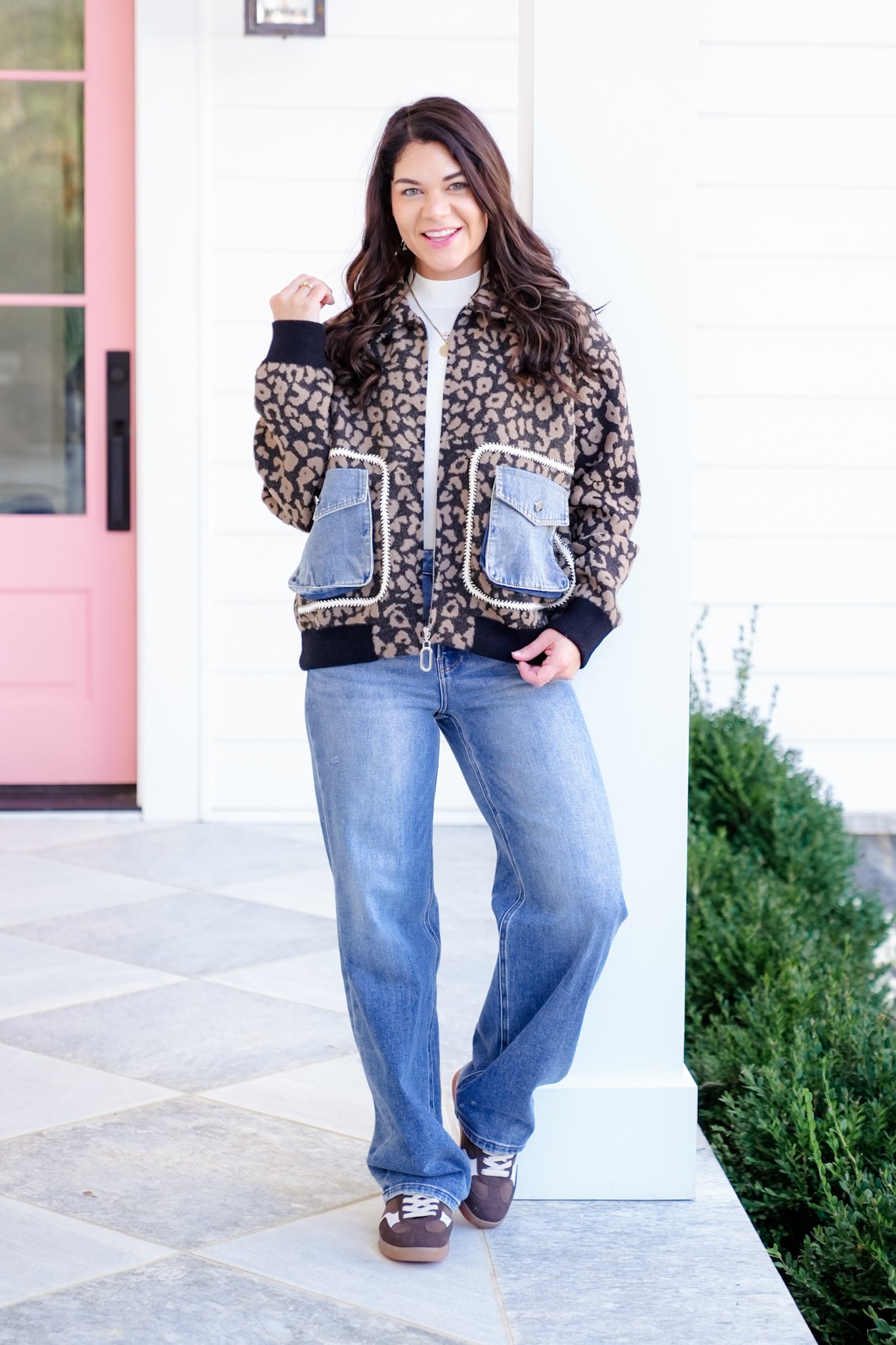 Leopard Long Sleeve Zip Up Jacket with Patch Pockets