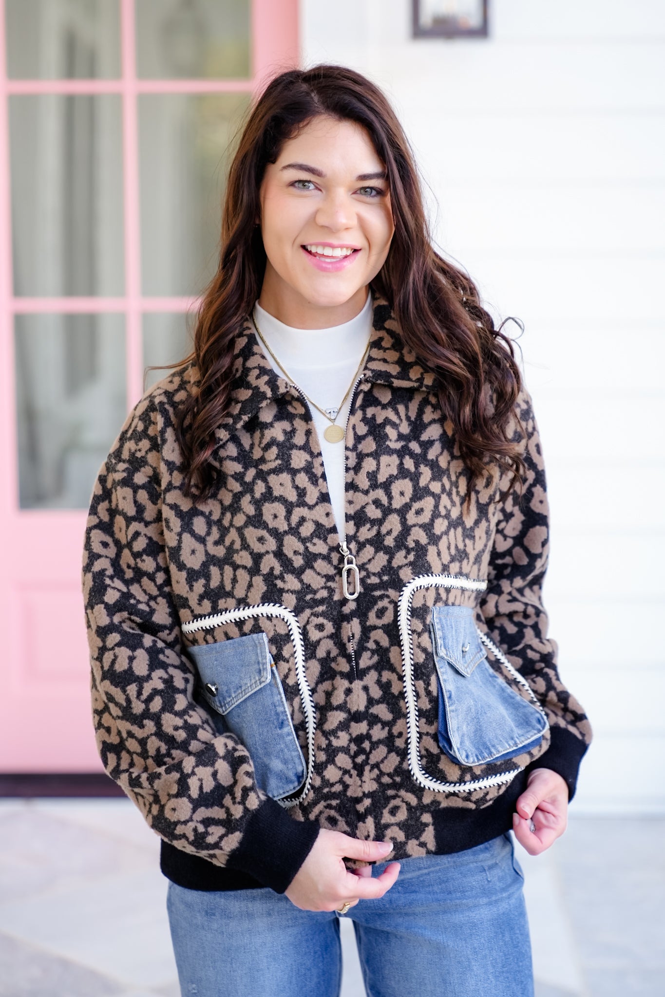 Leopard Long Sleeve Zip Up Jacket with Patch Pockets