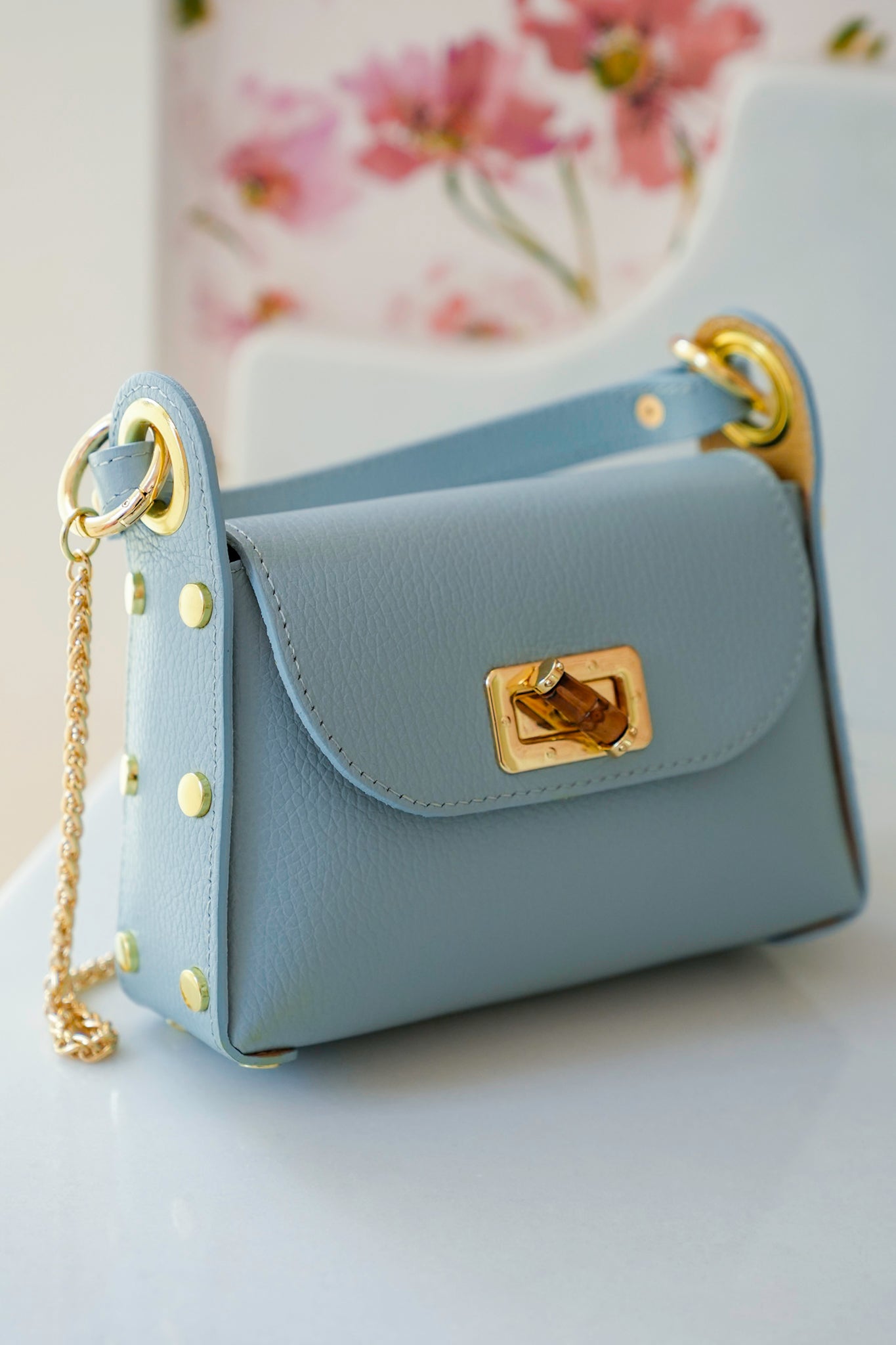 Leather Hand Bag with Bamboo Clasp