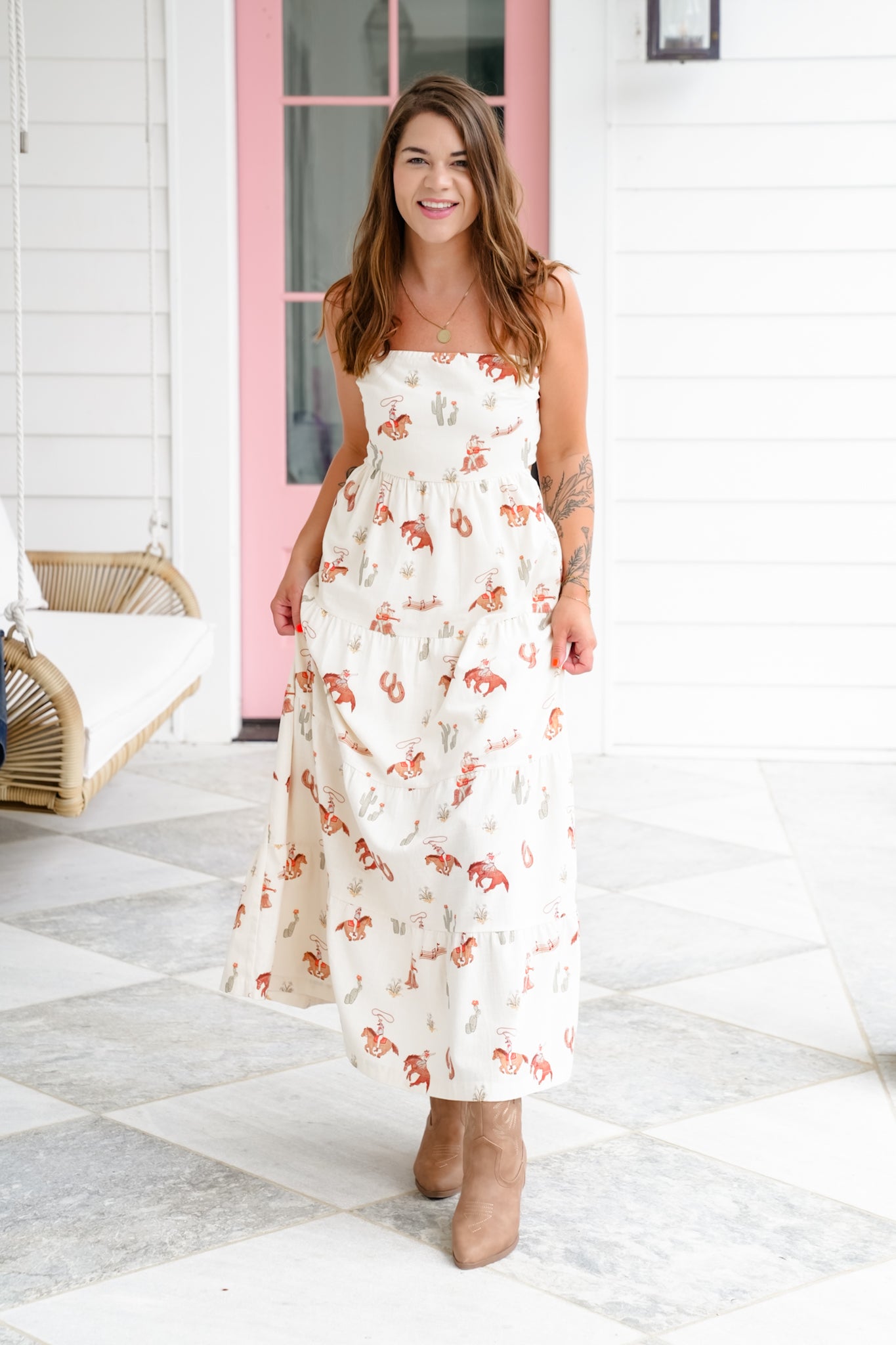 Western Print Strapless Tiered Dress