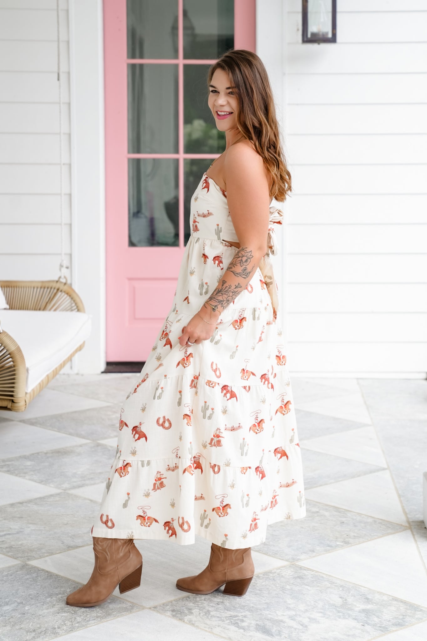 Western Print Strapless Tiered Dress