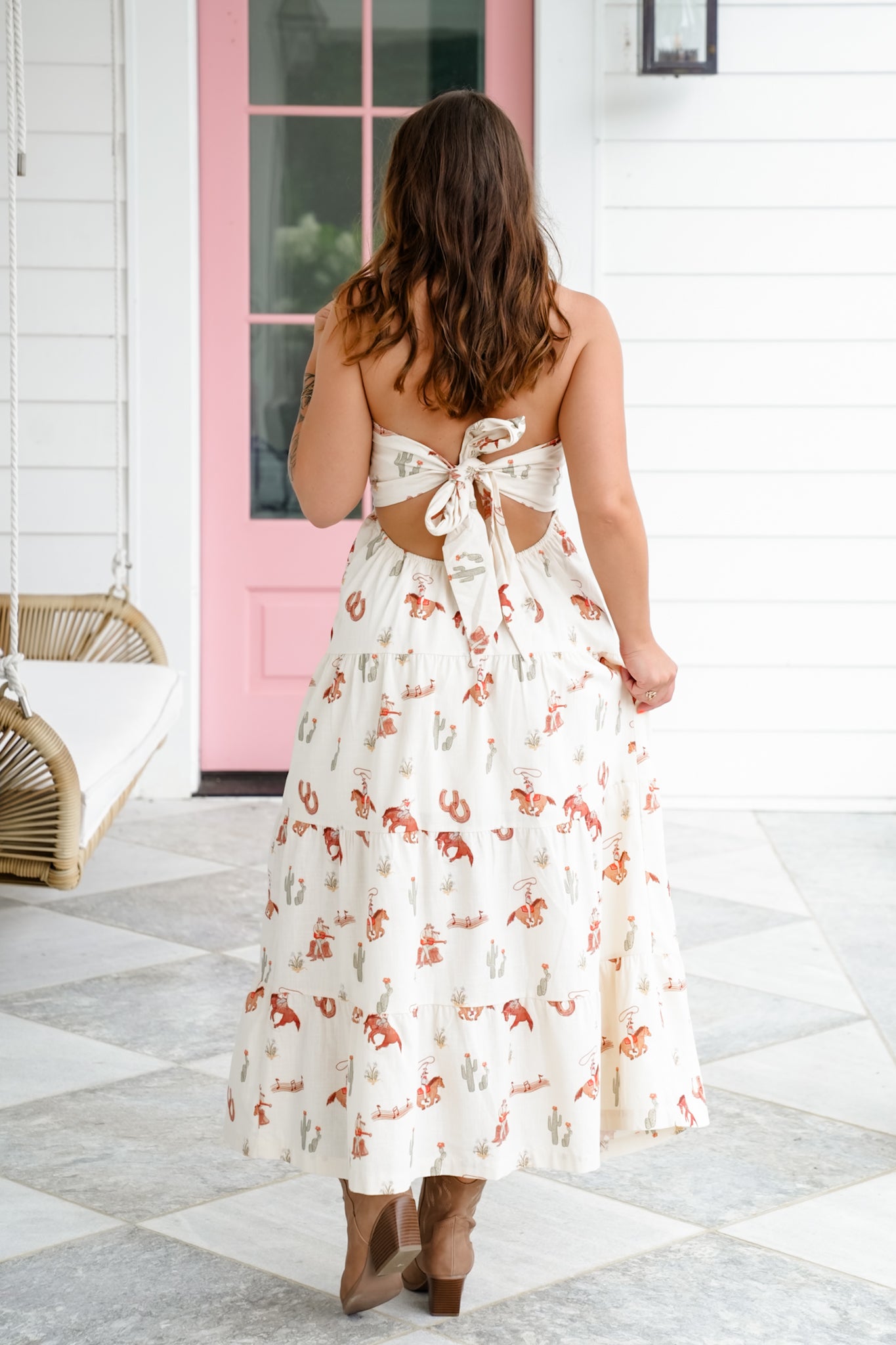 Western Print Strapless Tiered Dress