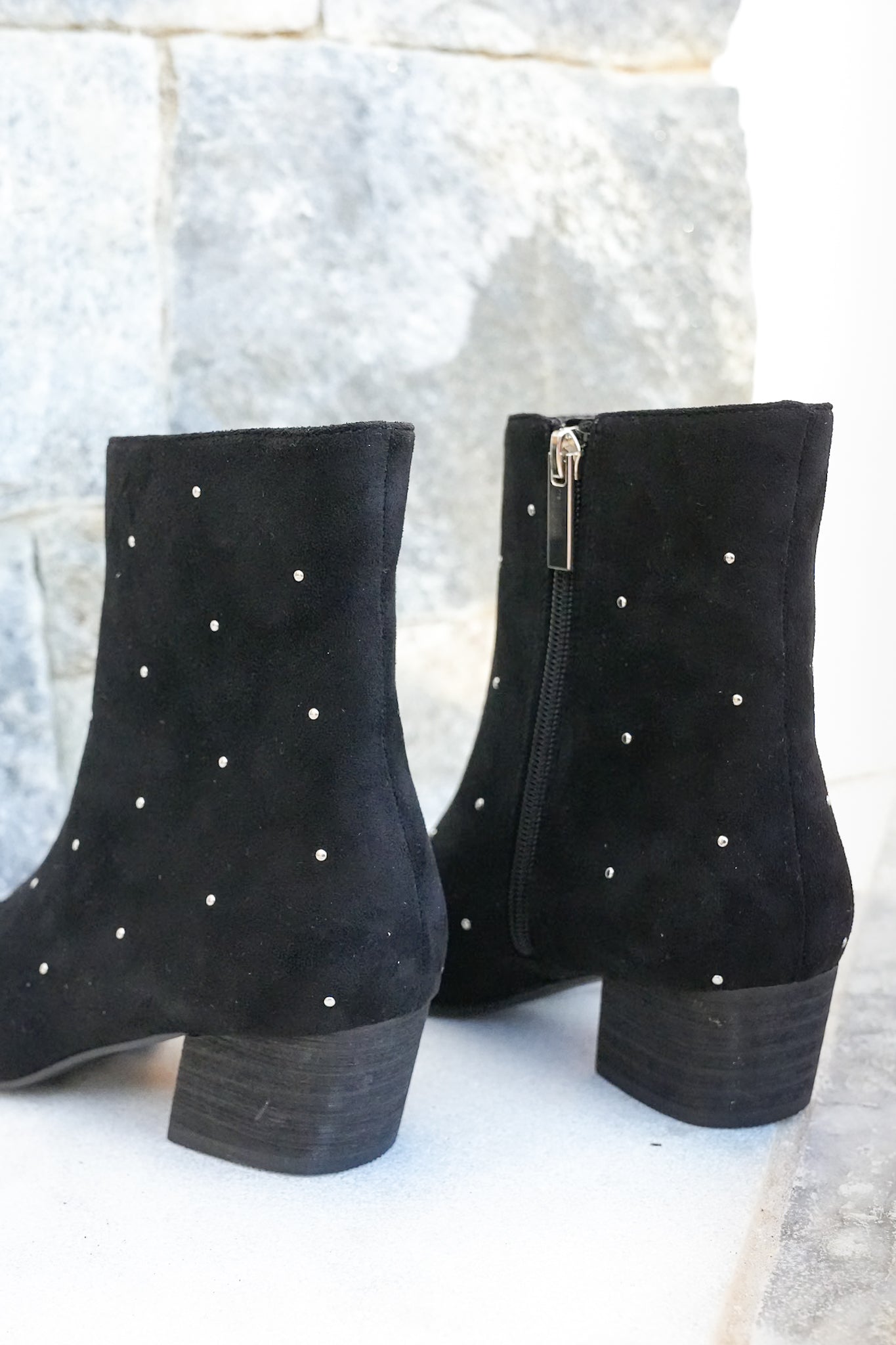 Corky's "Such a Tease" Studded Vegan Suede Block Heel Ankle Bootie