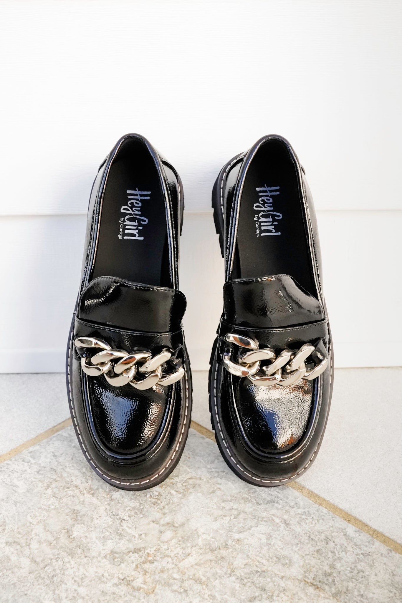 Corky's "Not Literally" Patent Vegan Leather Loafer with Chunky Chain