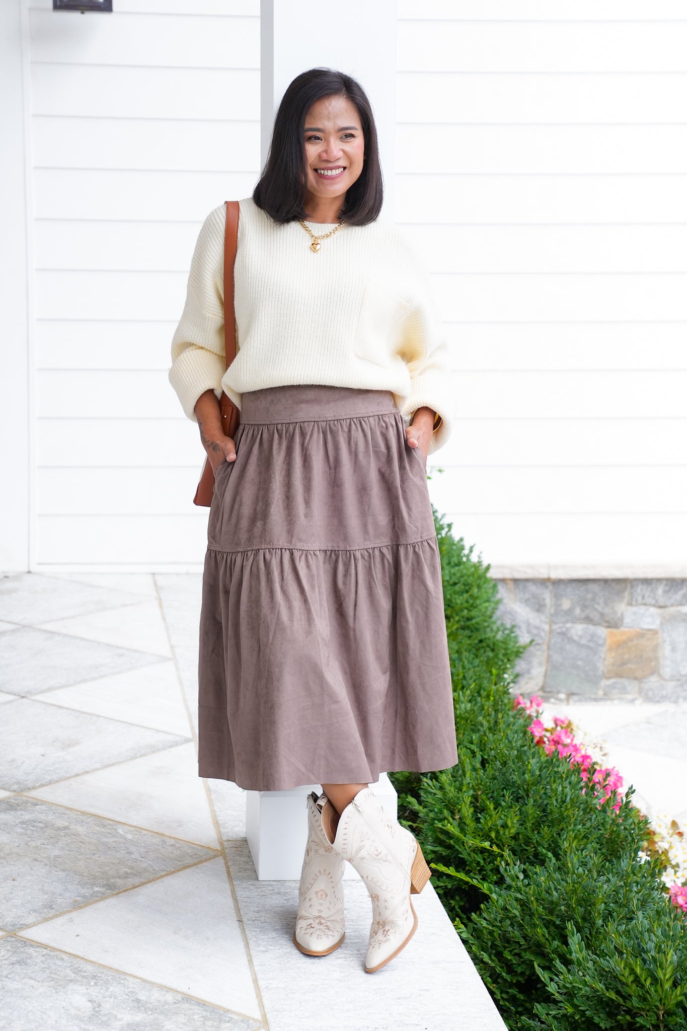 Vegan Suede Tiered Midi Skirt with Lace Detail