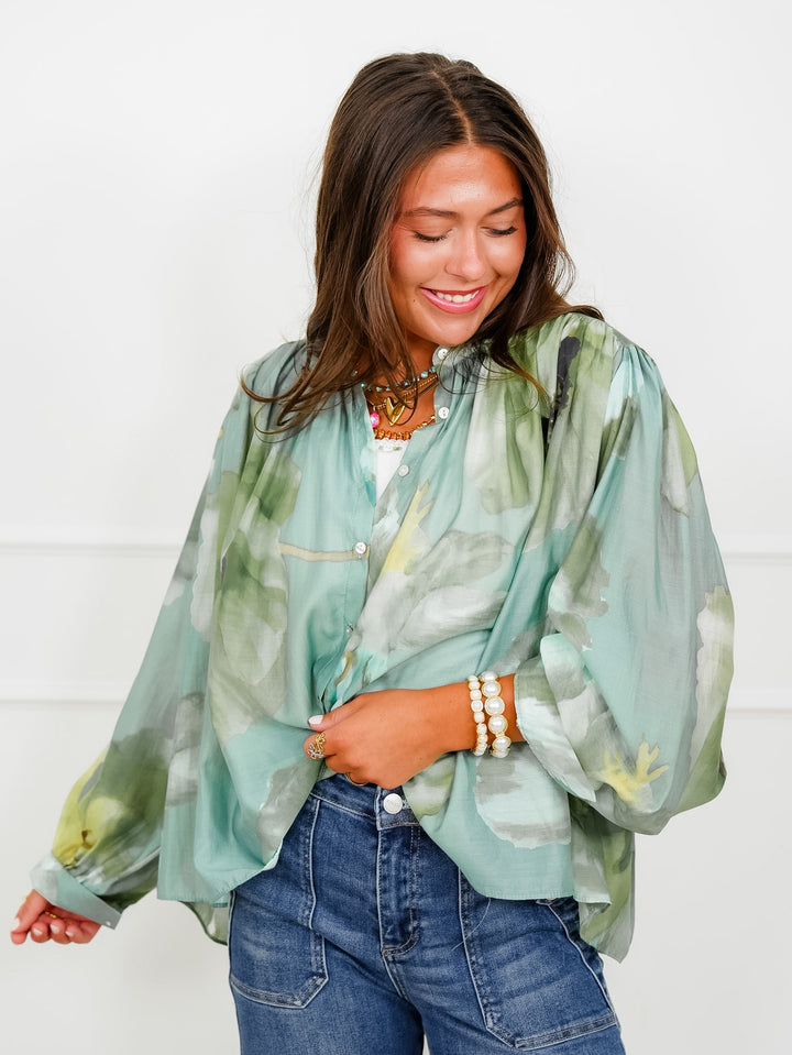 Floral Print Long Sleeve Button Down Top