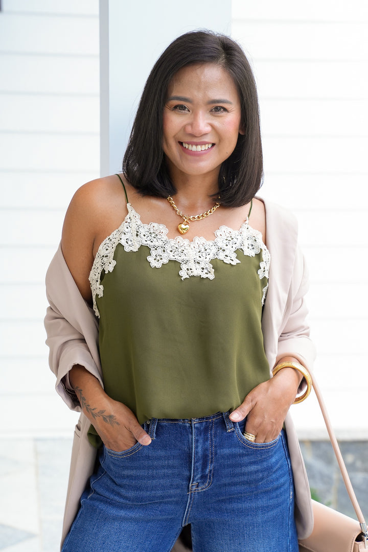 Olive Camisole with Floral Lace Detail