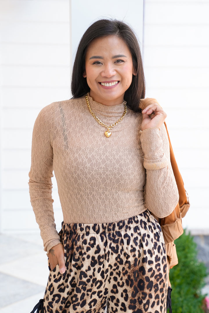 Sheer Lace Long Sleeve Mock Neck Top