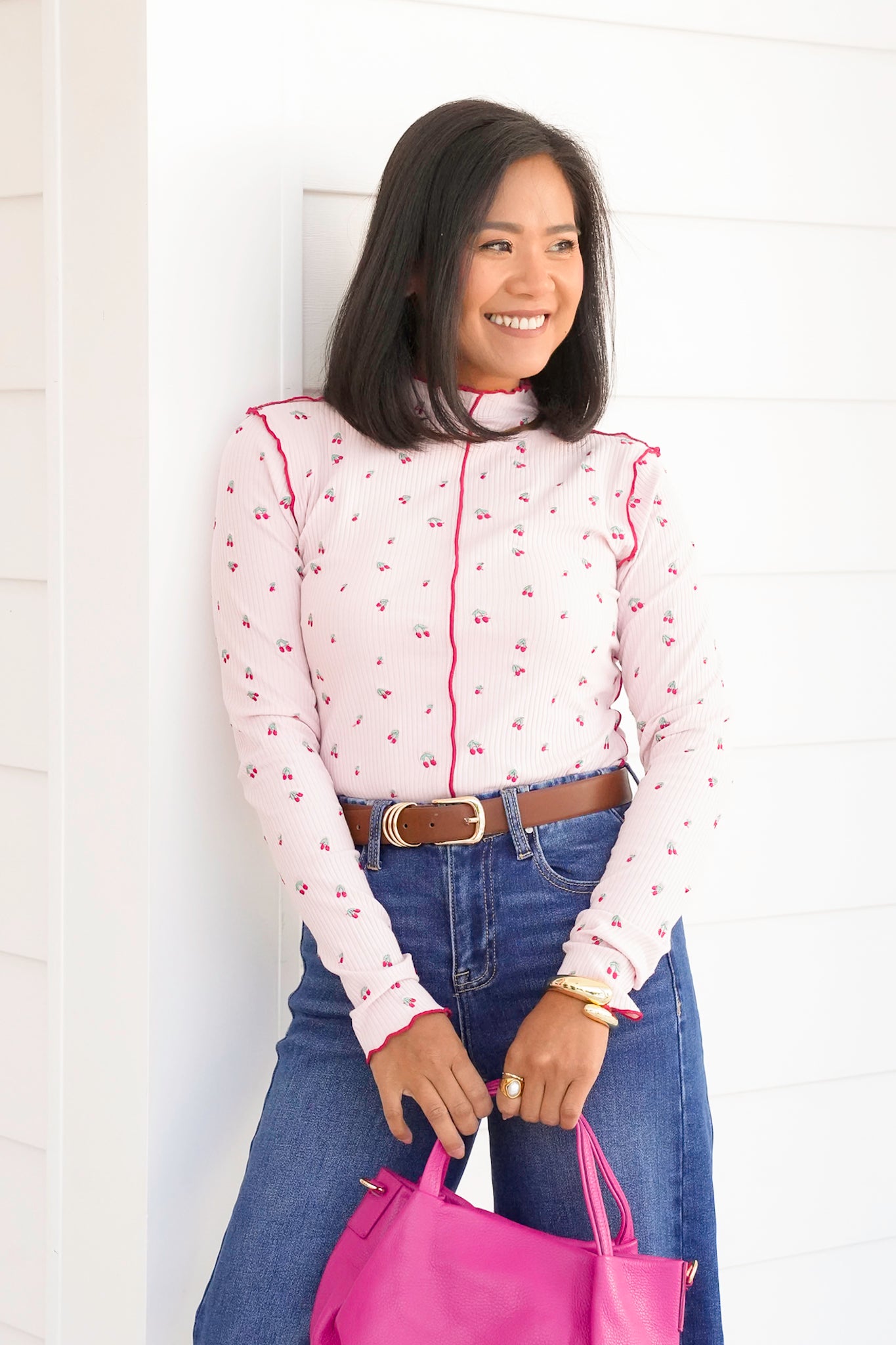 Embroidered Cherry Thermal Long Sleeve Top