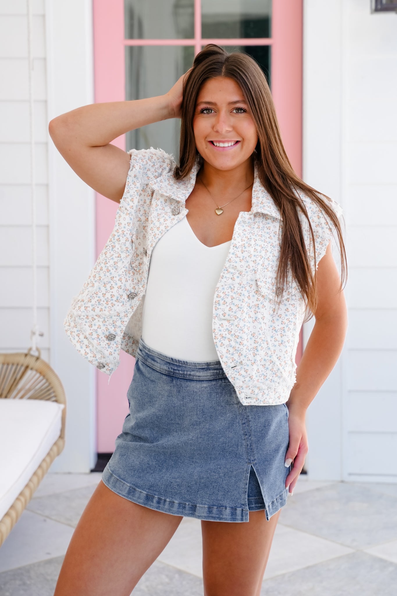 POL Distressed Floral Asymmetrical Button Down Vest