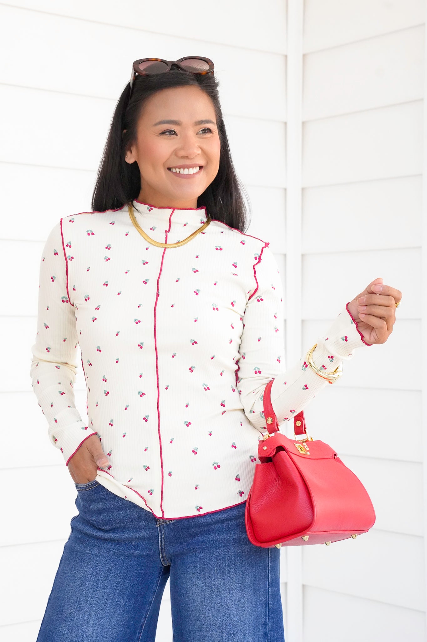 Embroidered Cherry Thermal Long Sleeve Top