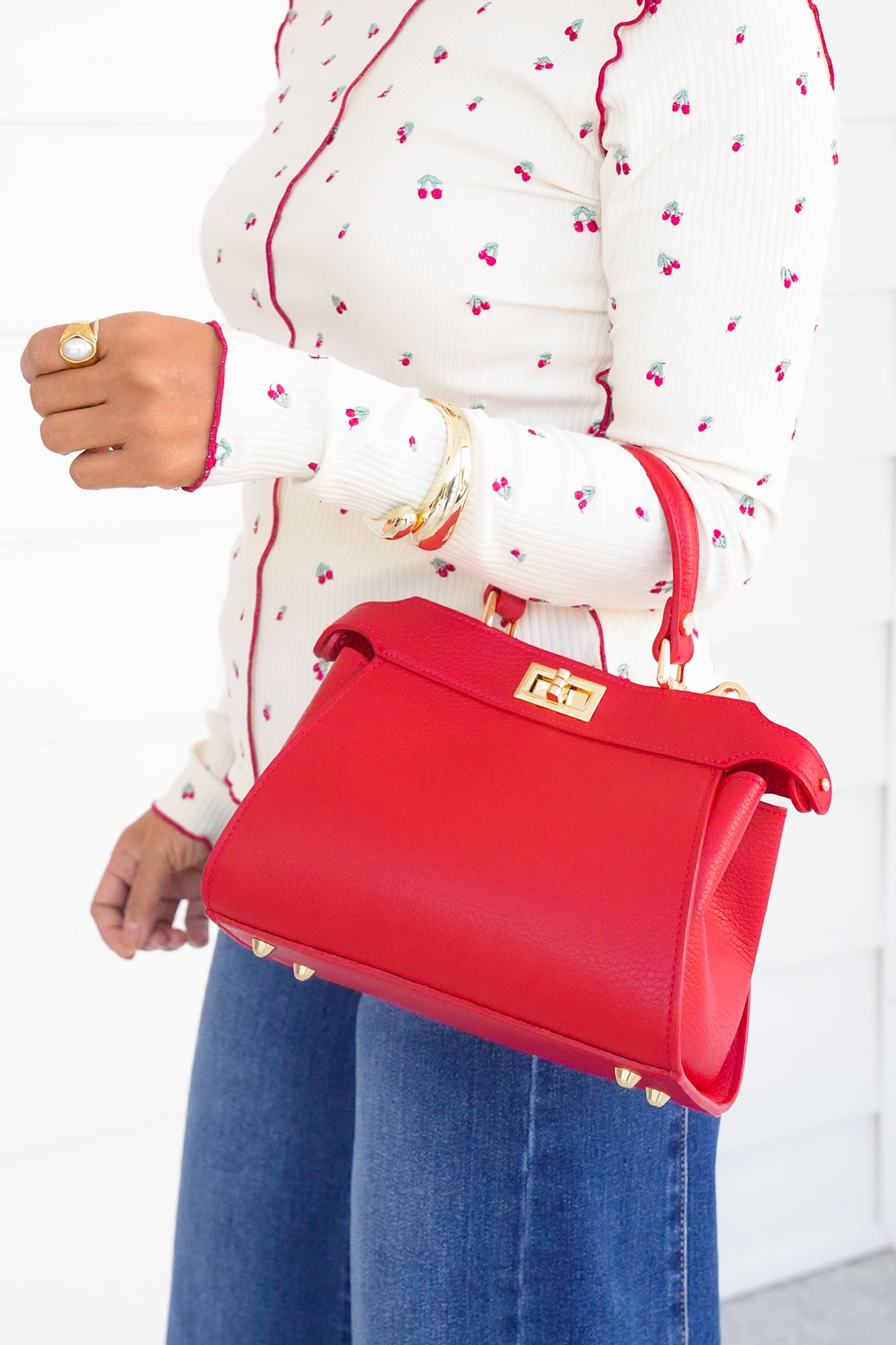 Genuine Italian Leather Handle and Crossbody Double Twist Lock Bag
