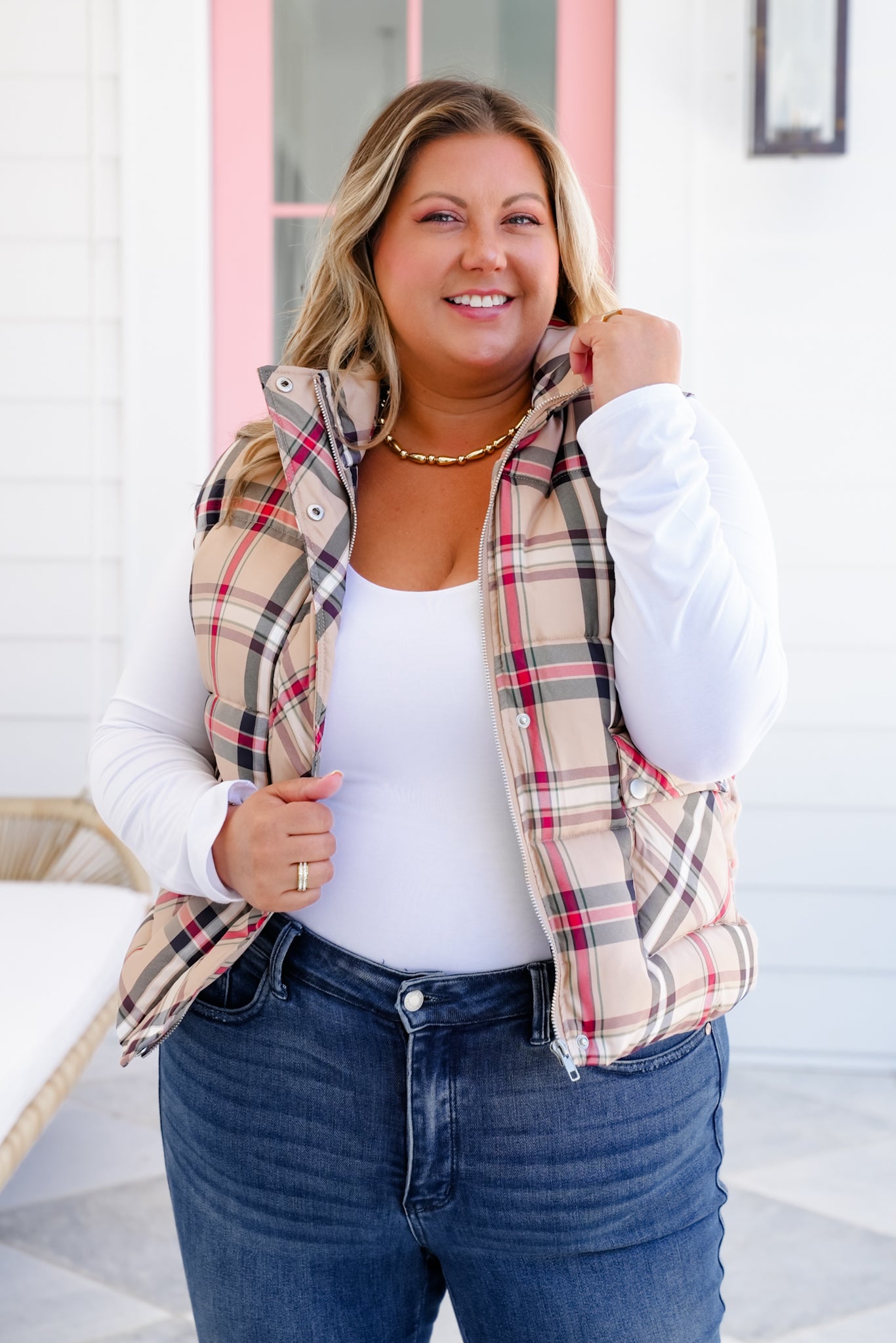 Plaid Zip Up Puffer Vest with Front Flap Pockets