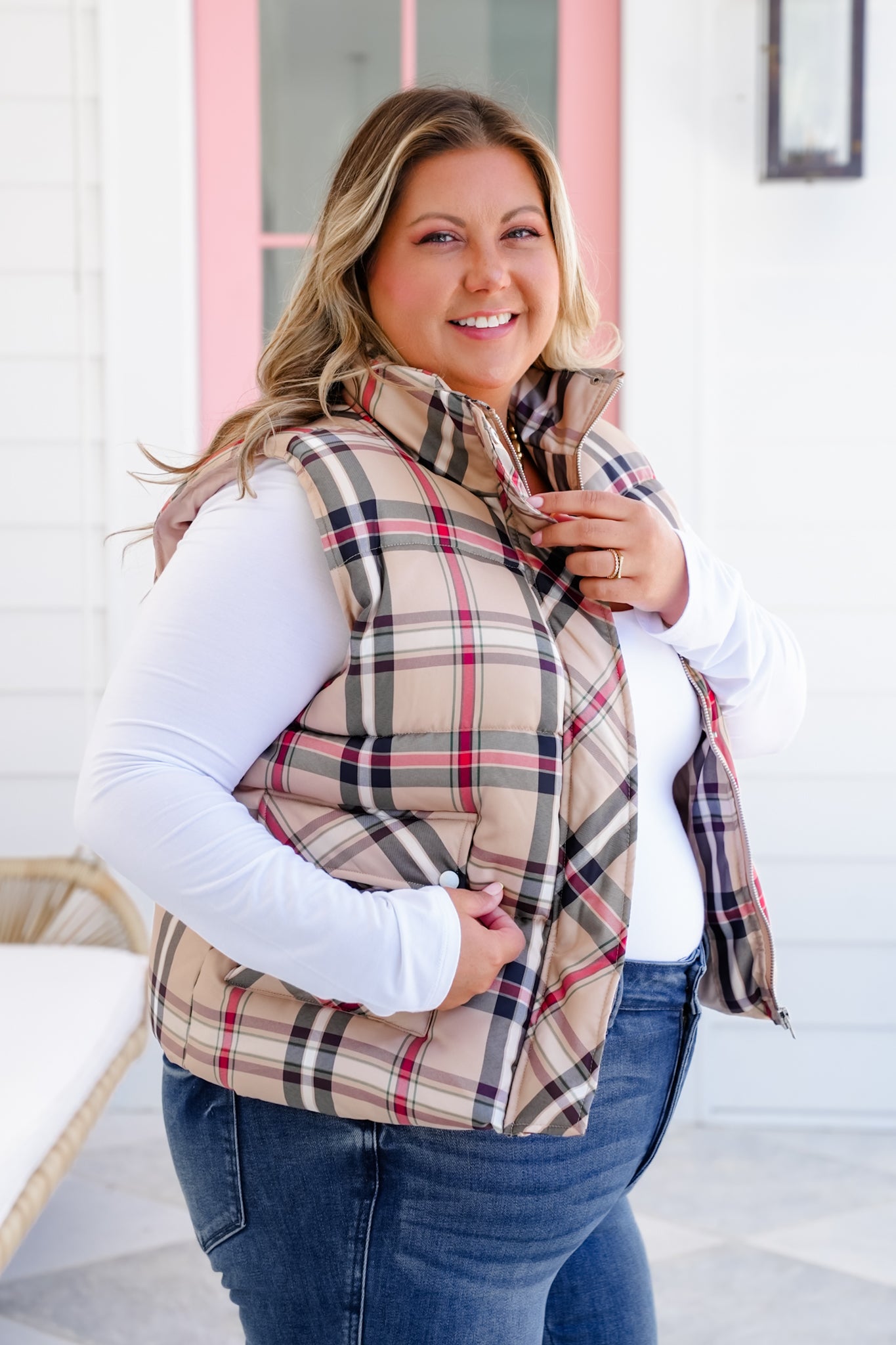 Plaid Zip Up Puffer Vest with Front Flap Pockets