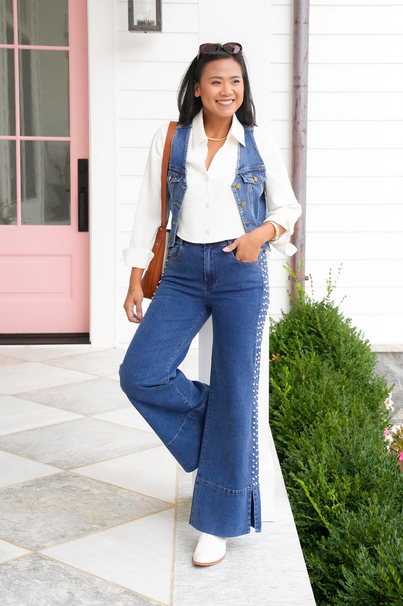 Dark Wash Mid Rise Flare Jeans with Pearls