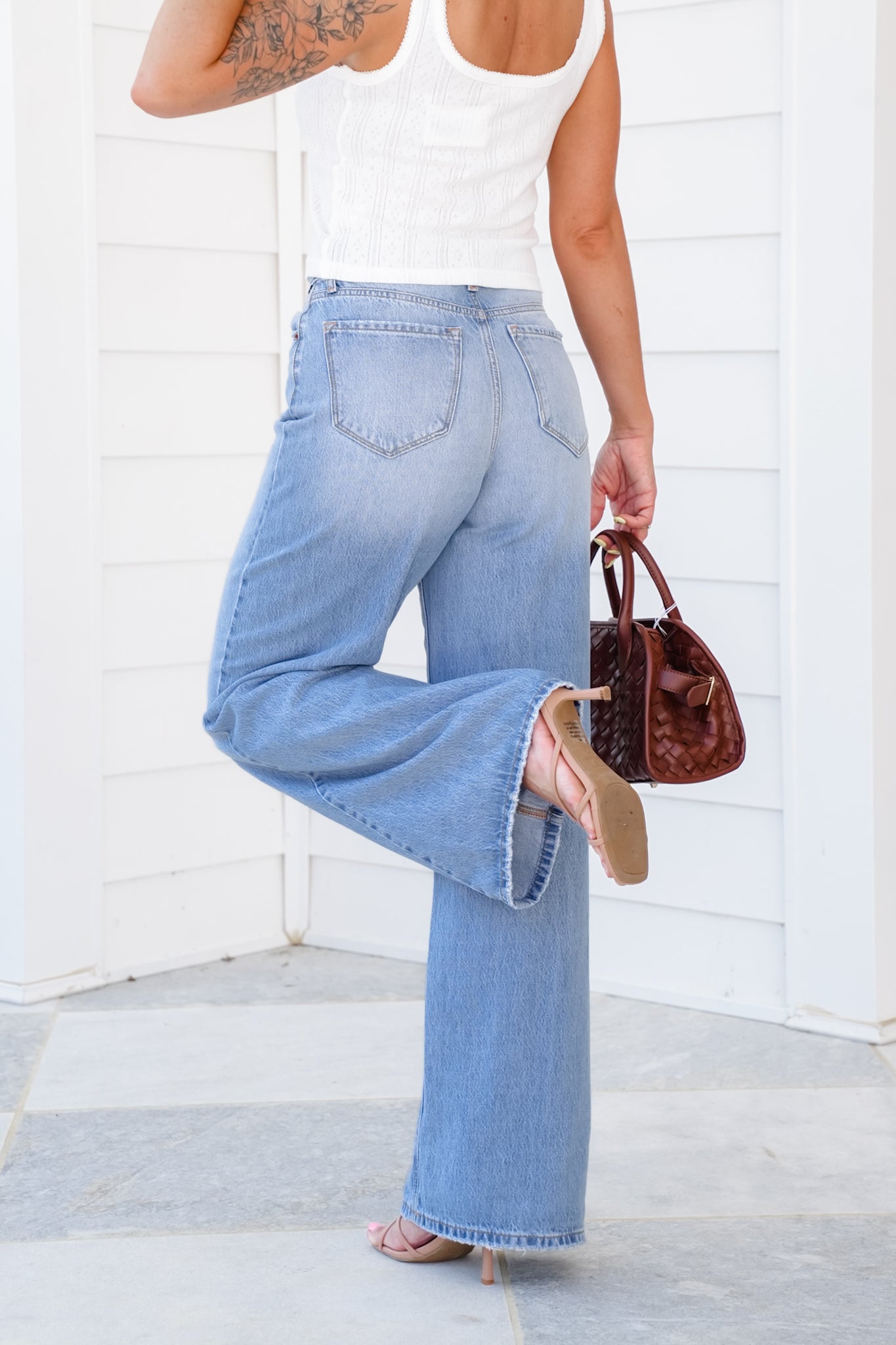 Cello High Rise Light Wash Wide Leg Jeans with Curved Side Seam