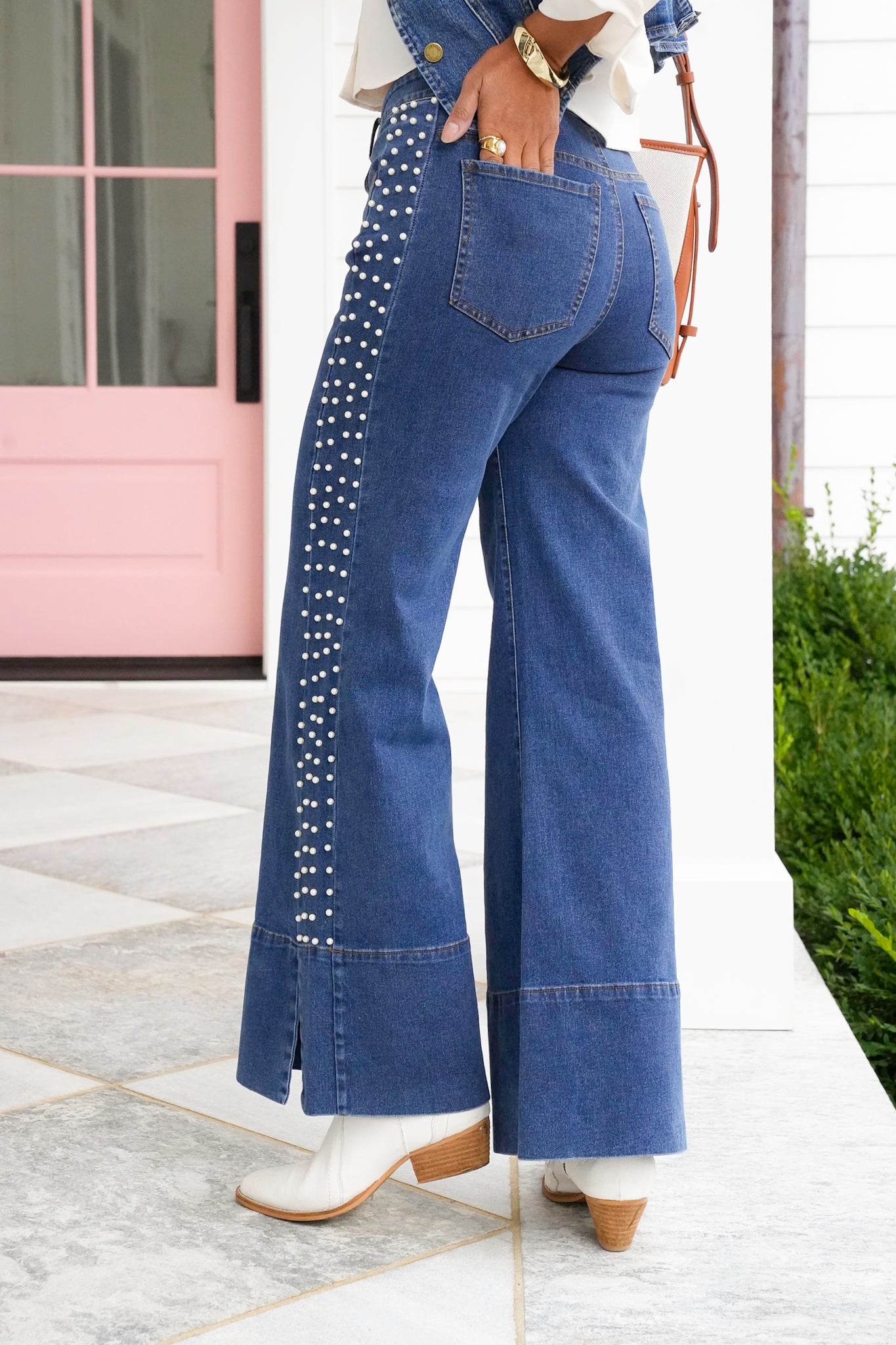 Dark Wash Mid Rise Flare Jeans with Pearls