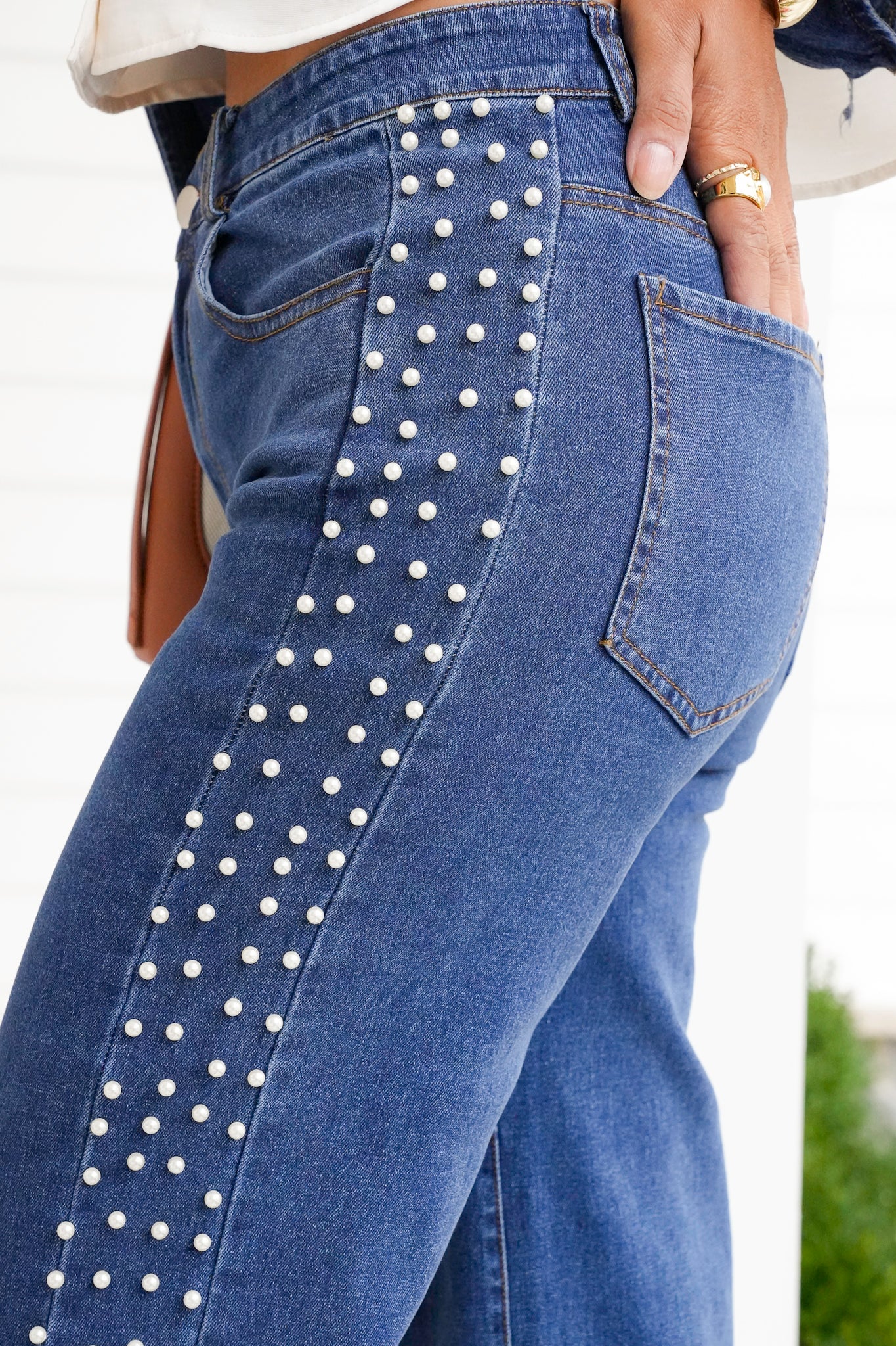 Dark Wash Mid Rise Flare Jeans with Pearls