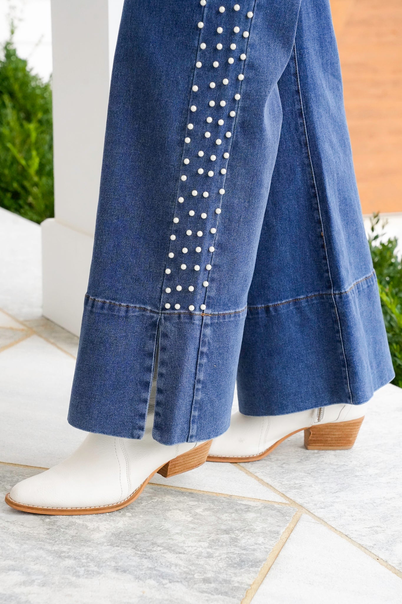 Dark Wash Mid Rise Flare Jeans with Pearls