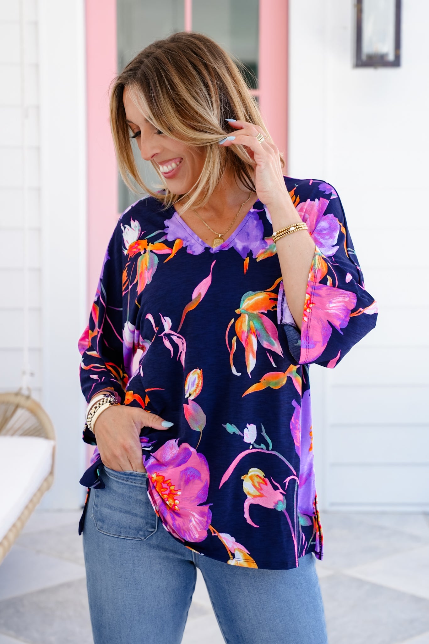 Plus/Reg Navy Floral Dolman Sleeve V Neck Top