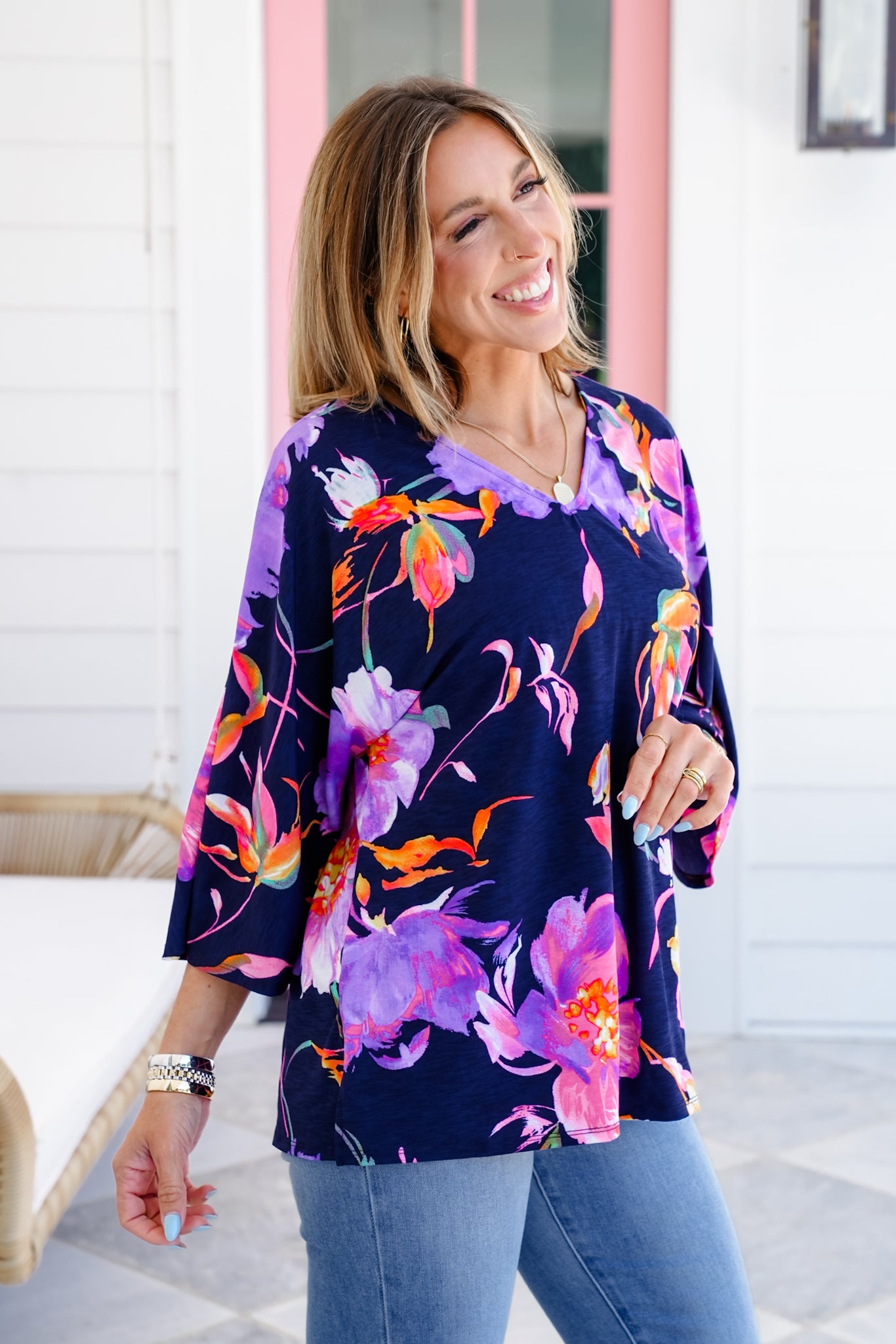 Plus/Reg Navy Floral Dolman Sleeve V Neck Top