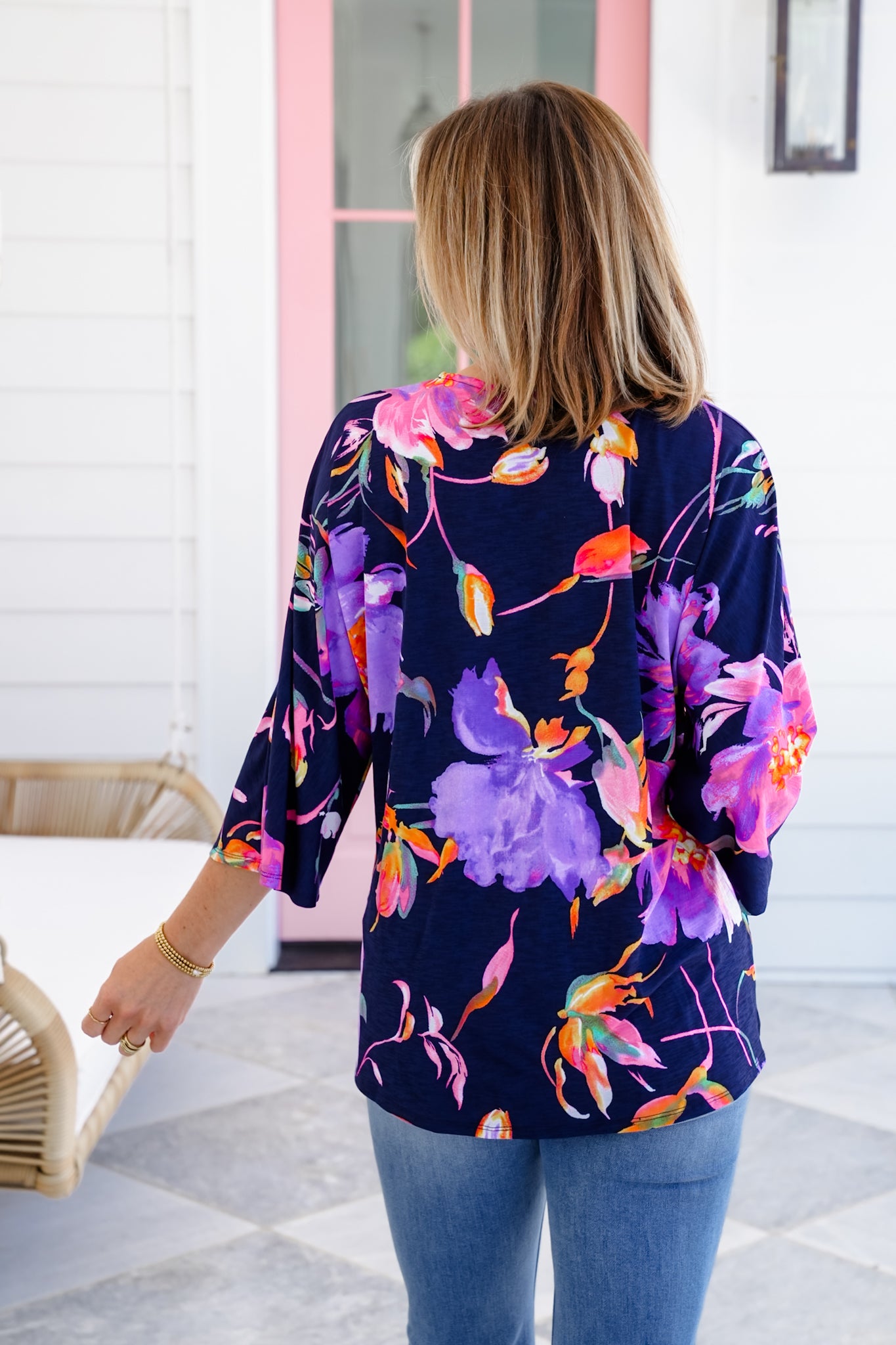 Plus/Reg Navy Floral Dolman Sleeve V Neck Top