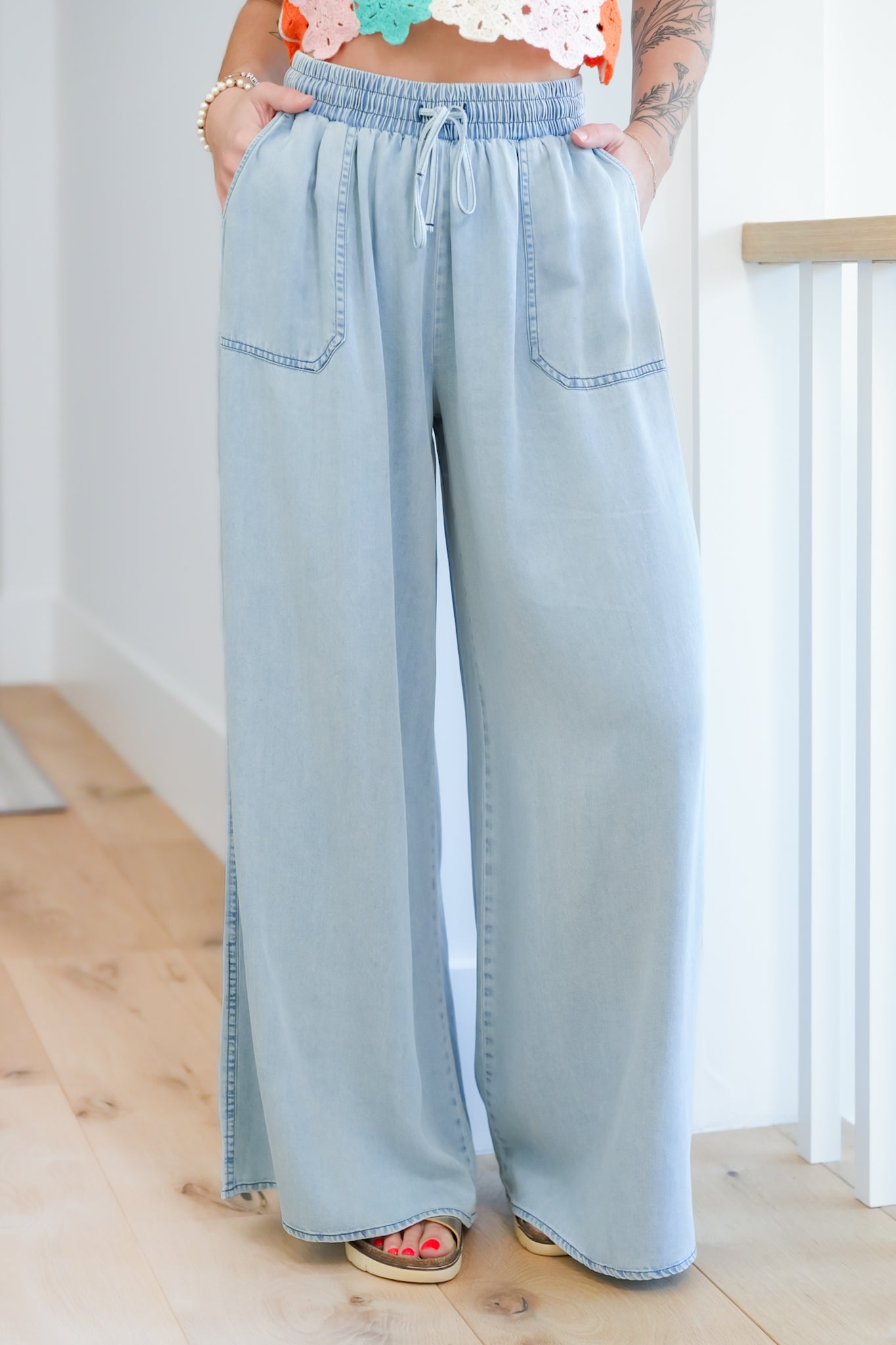 Light Wash Elastic Waist Palazzo Pants