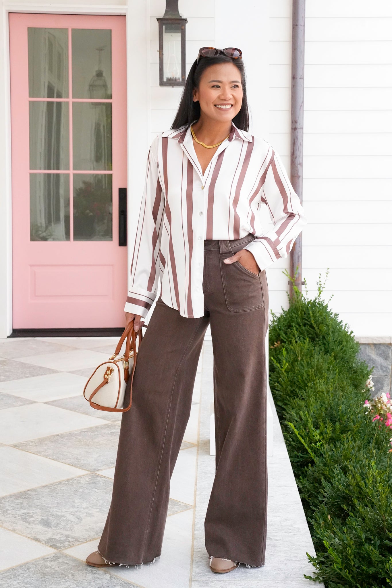 Satin Stripe Long Sleeve Button Down Top