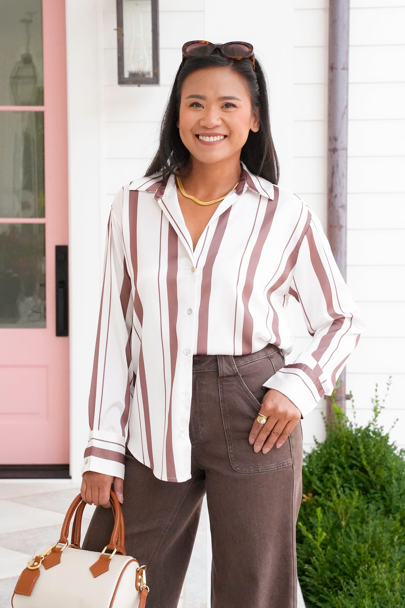 Satin Stripe Long Sleeve Button Down Top