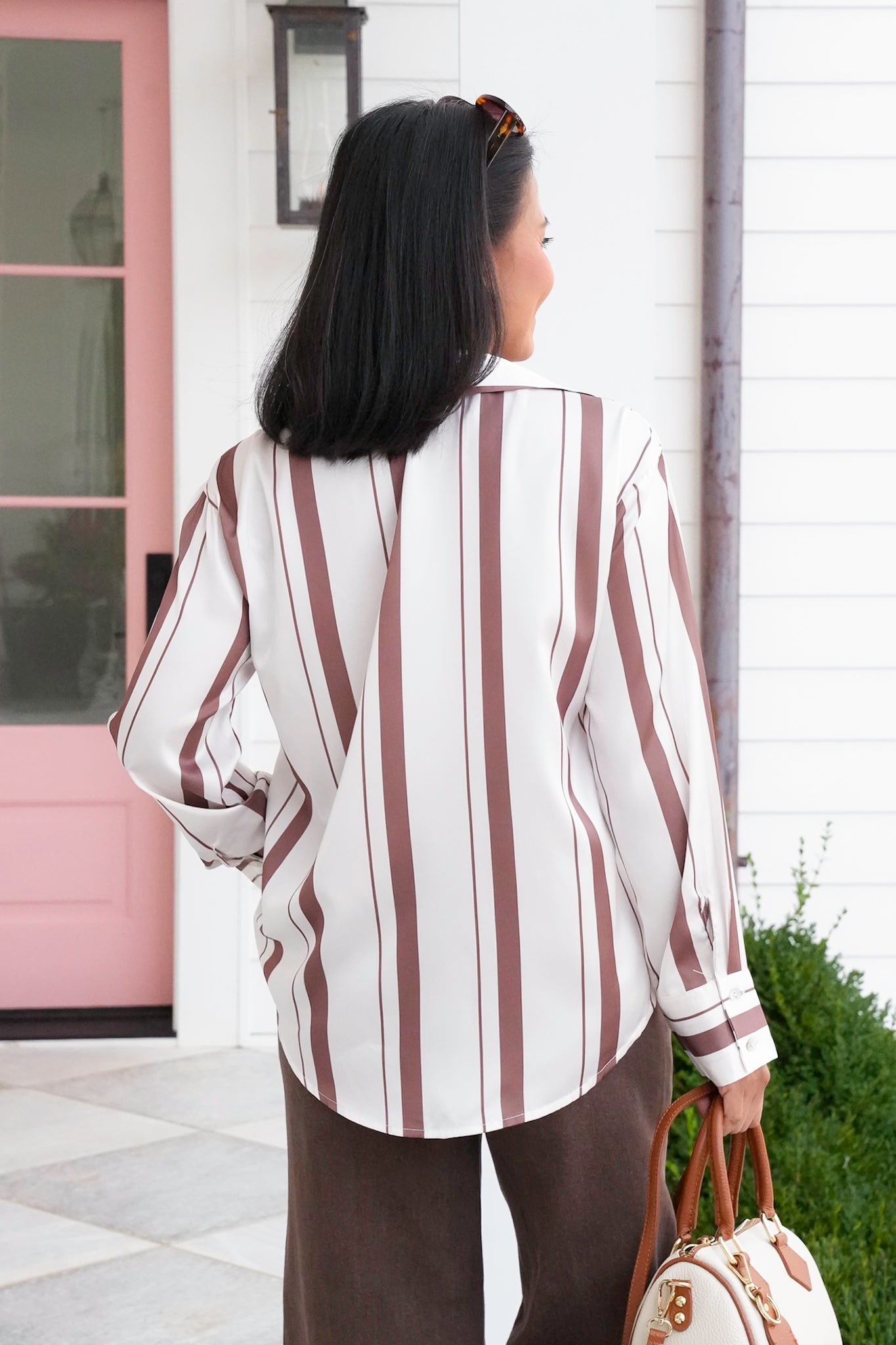 Satin Stripe Long Sleeve Button Down Top