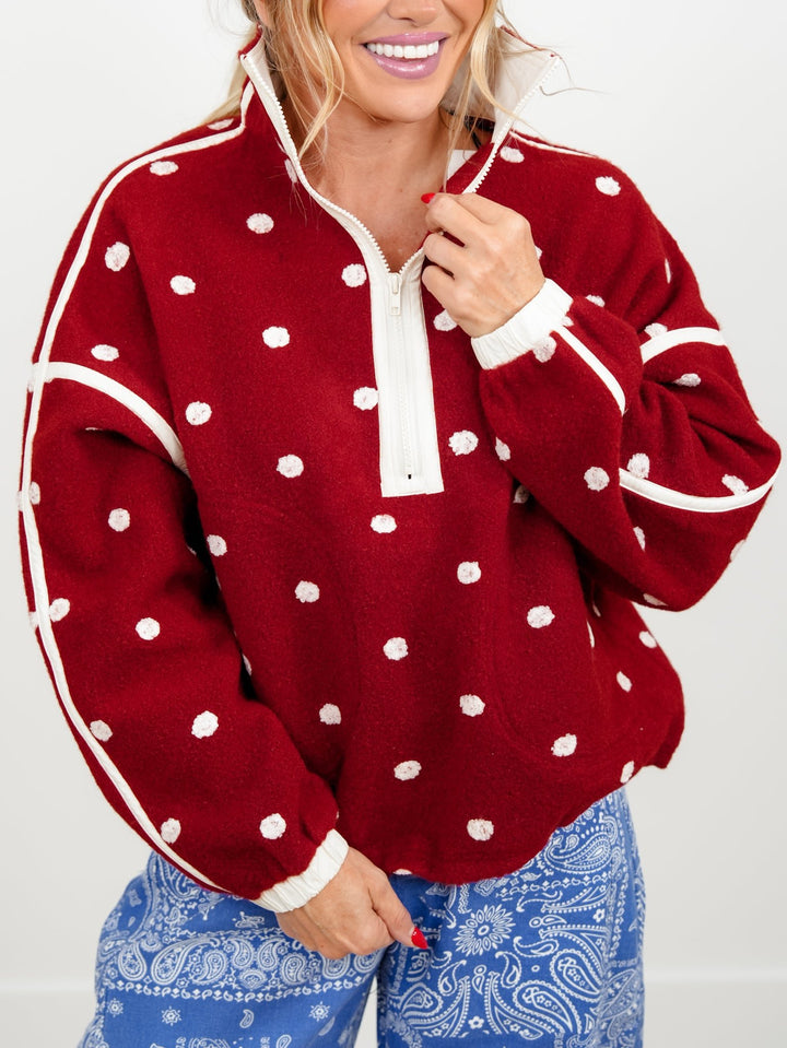 Plus/Reg Polka Dot Half Zip Up Fleece Pullover - Freckled Poppy