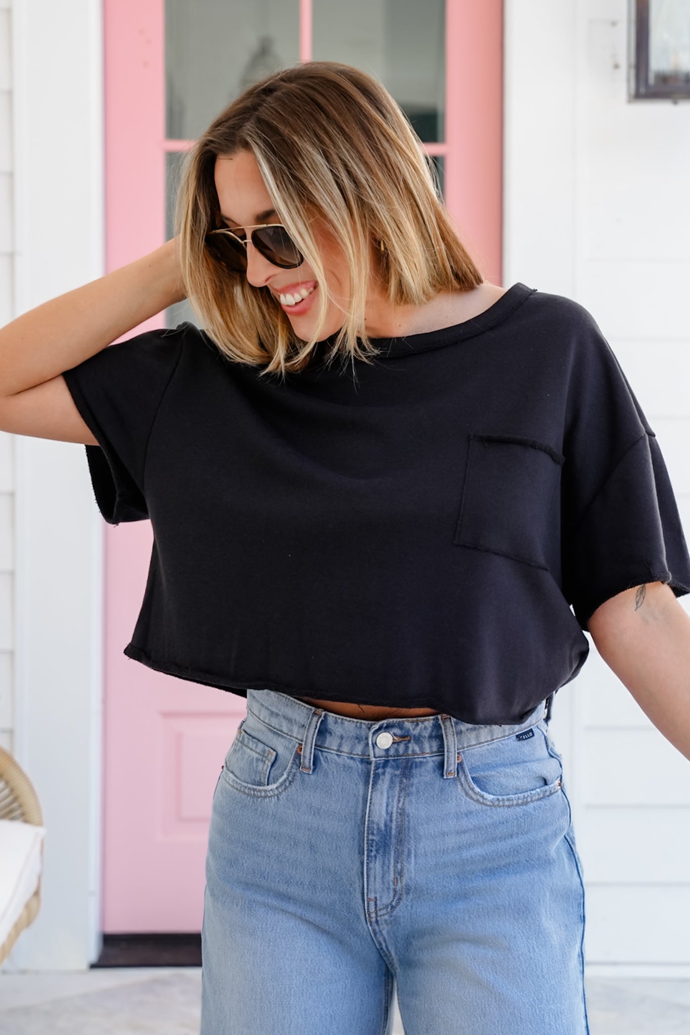Short Sleeve Cropped Top with Raw Hem Detail
