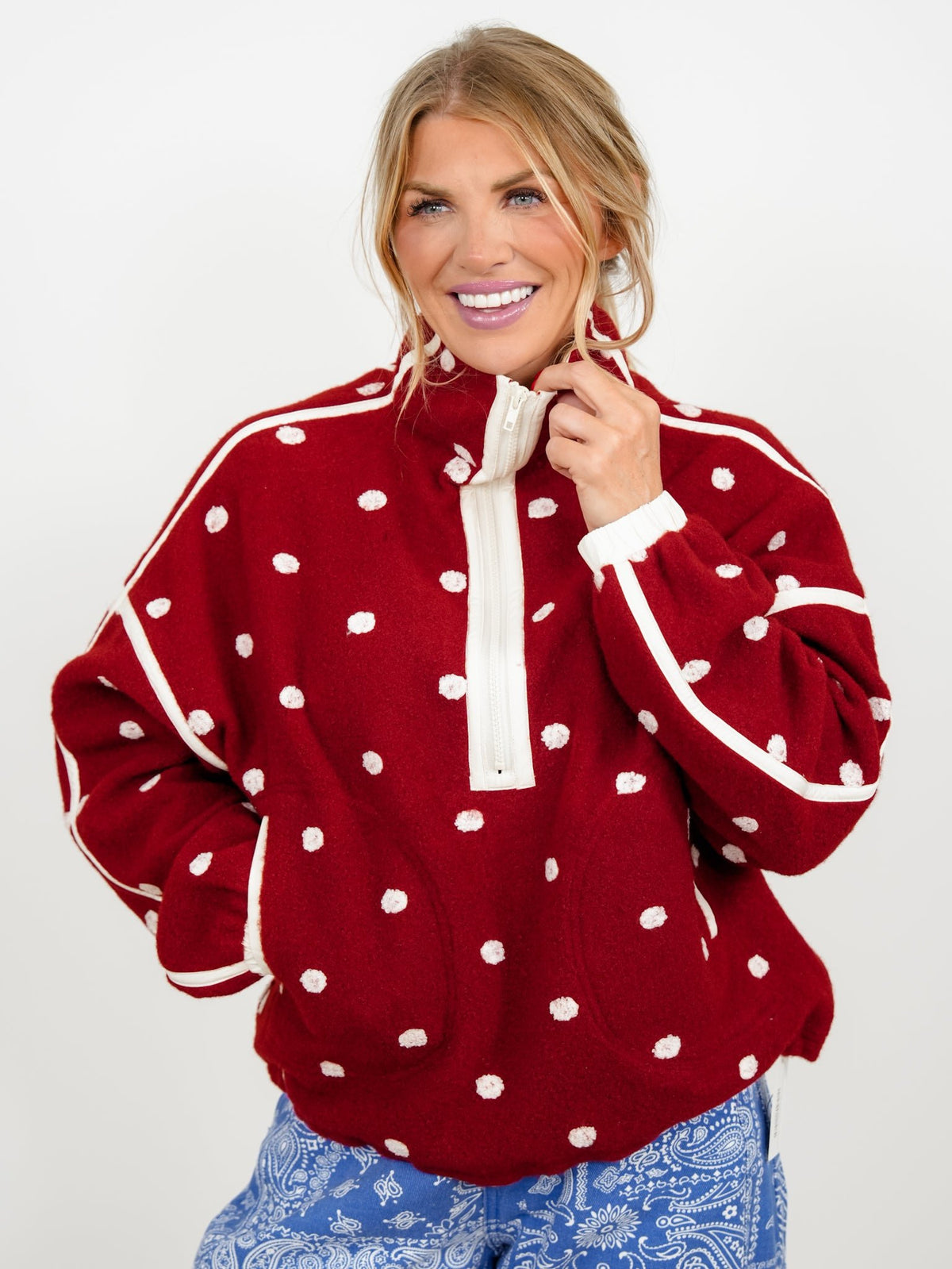 Plus/Reg Polka Dot Half Zip Up Fleece Pullover - Freckled Poppy