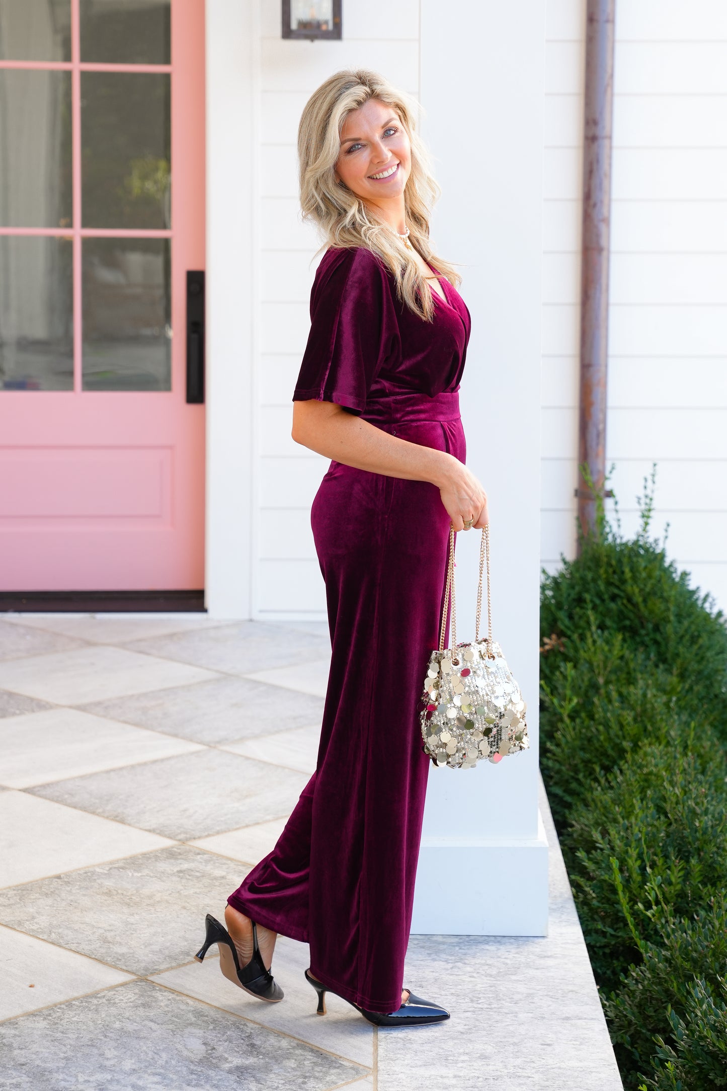 Velvet Short Sleeve Surplice Neck Jumpsuit