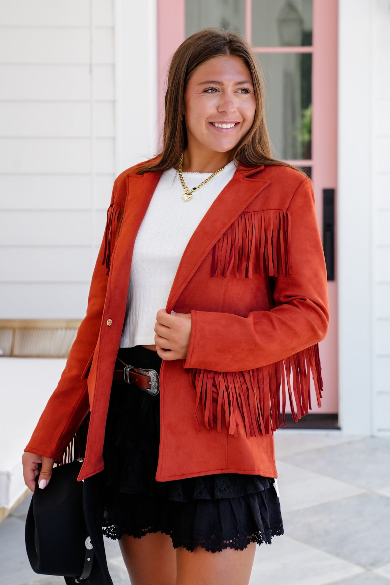 Vegan Suede Long Sleeve Jacket with Fringe Detail