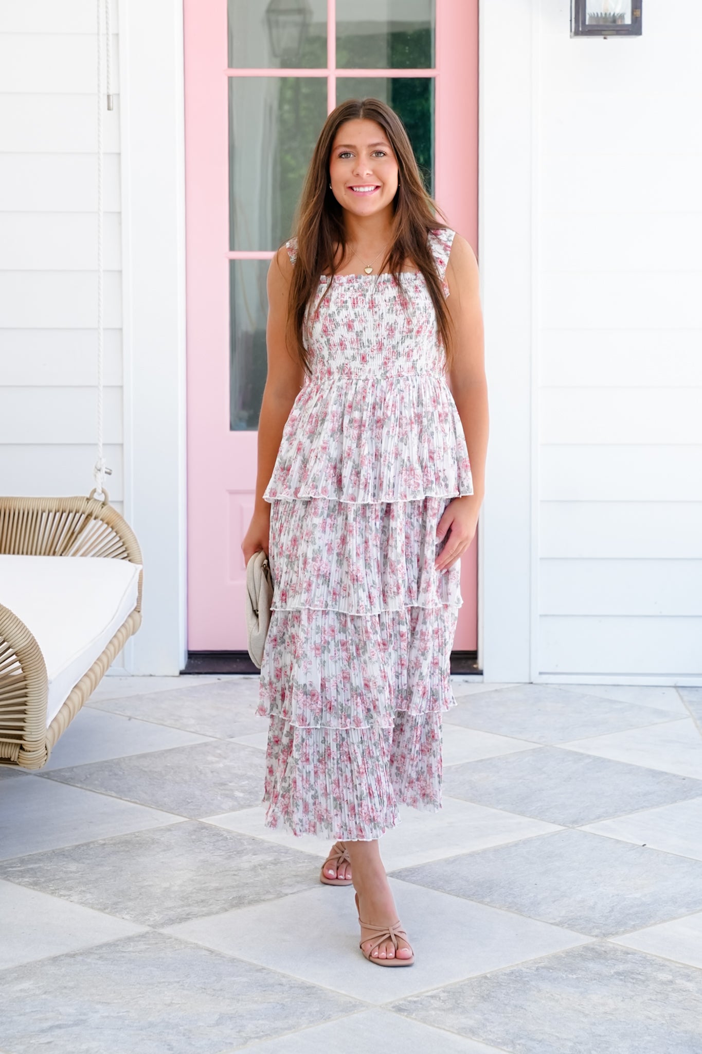 Floral Sleeveless Smocked Bodice Tiered Midi Dress