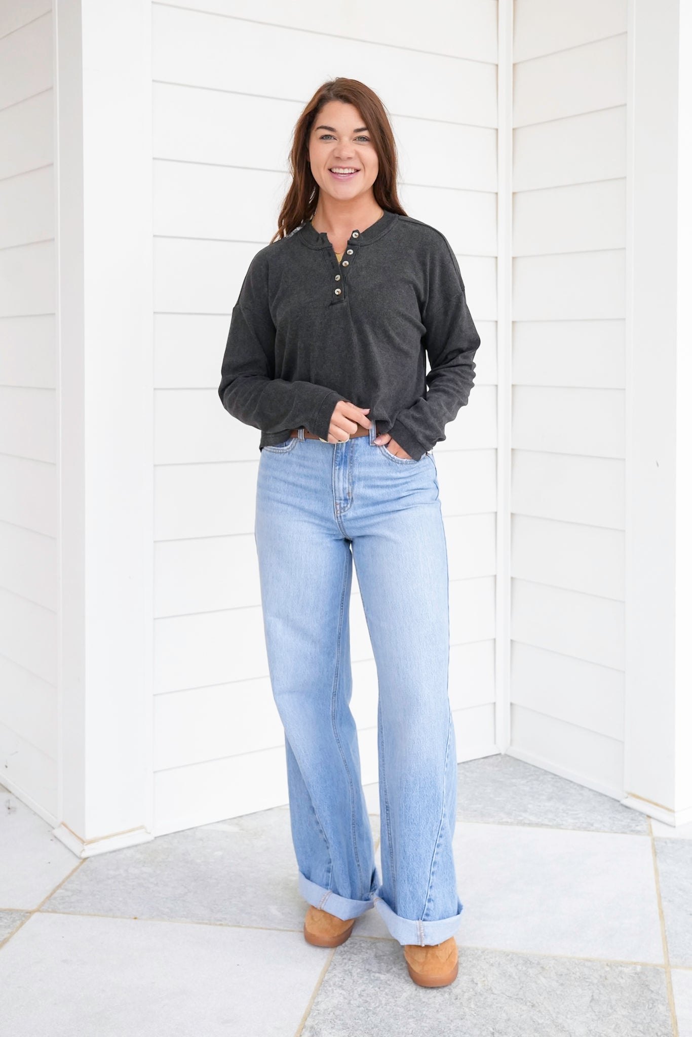 Ribbed Long Sleeve Button Up Henley Top