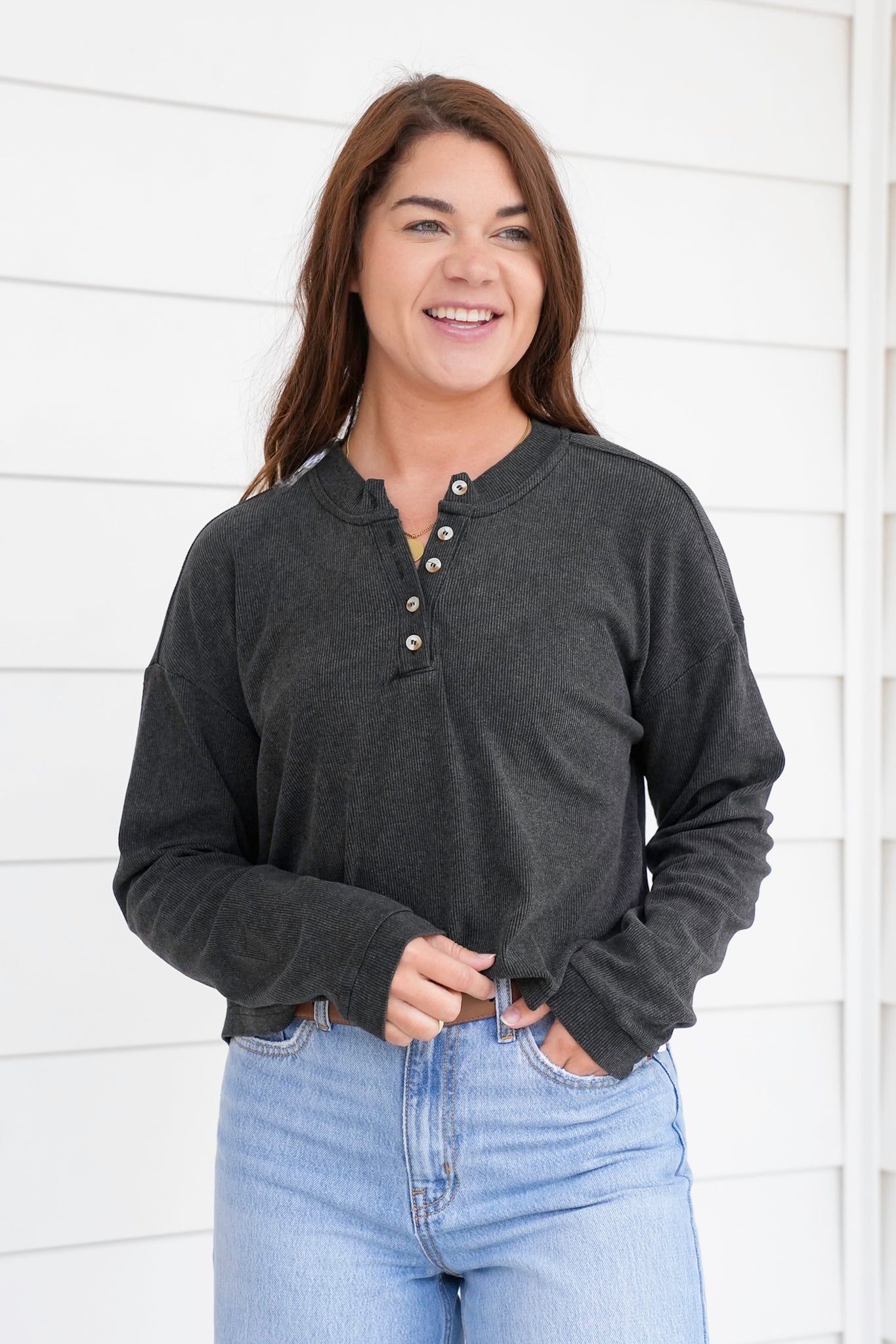 Ribbed Long Sleeve Button Up Henley Top