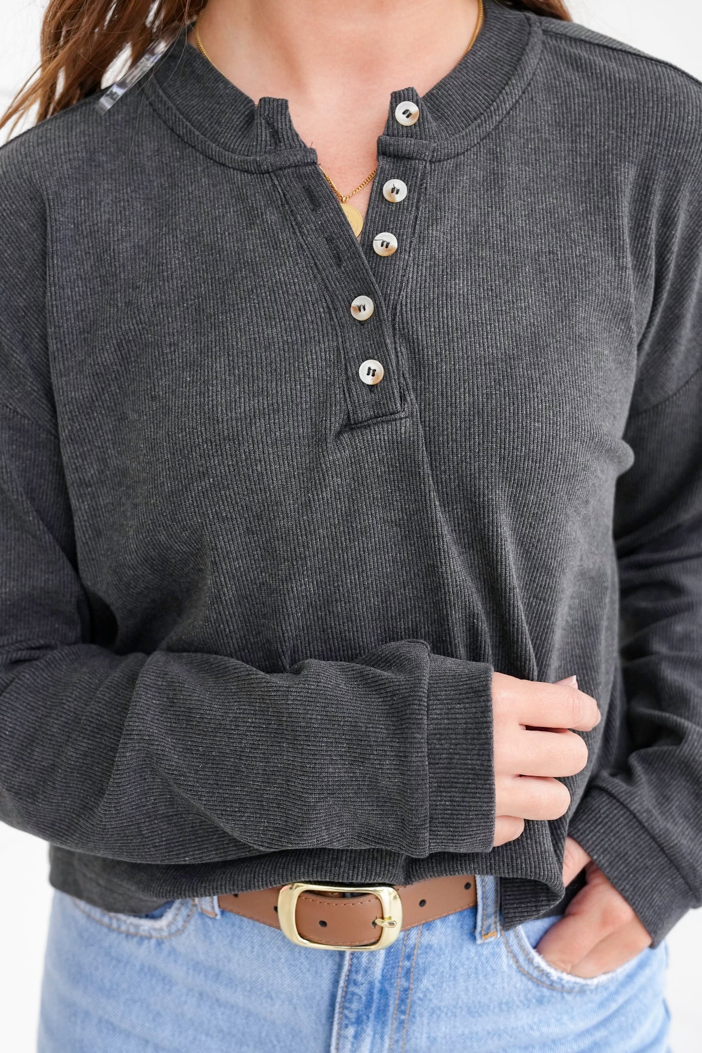 Ribbed Long Sleeve Button Up Henley Top