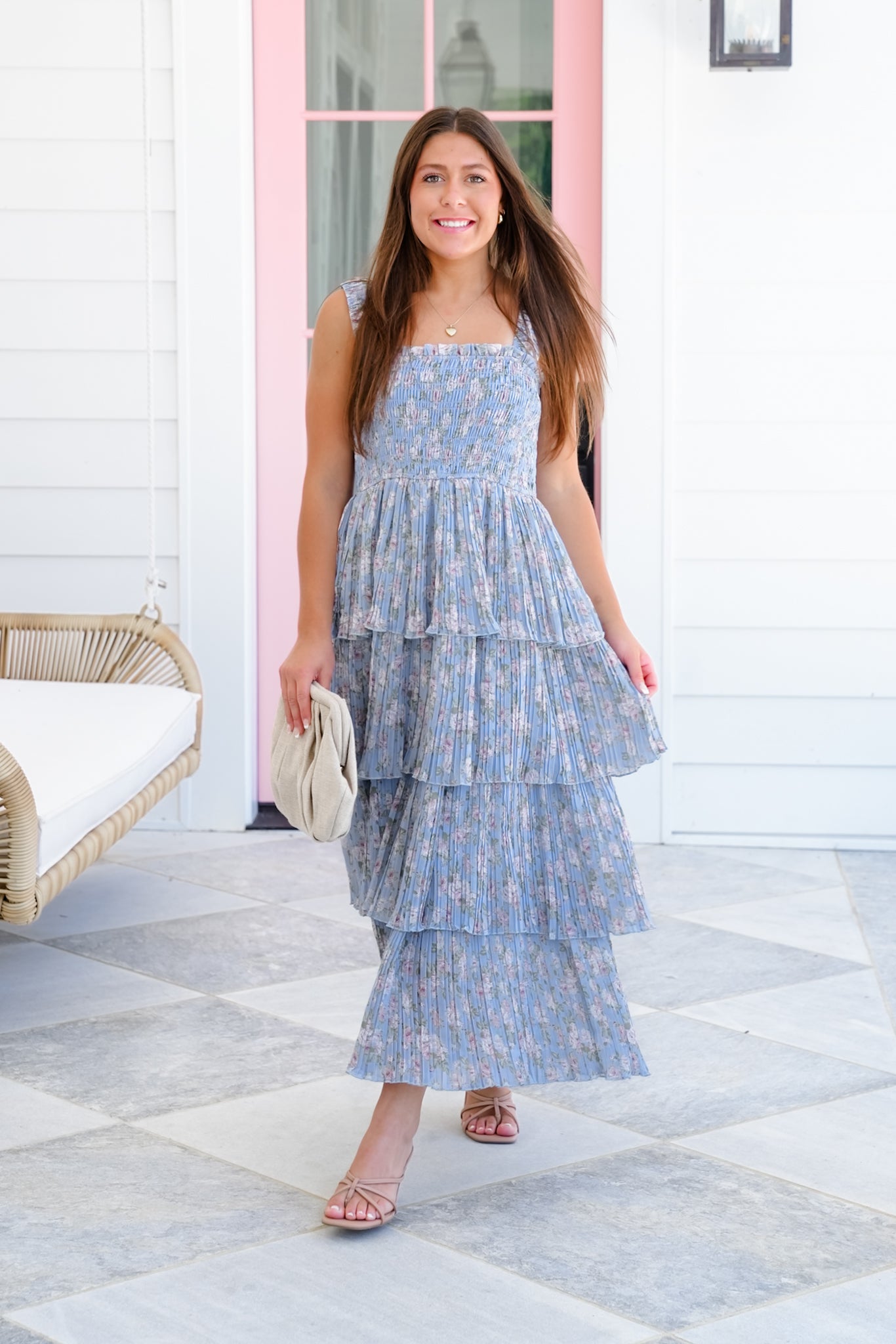 Floral Sleeveless Smocked Bodice Tiered Midi Dress