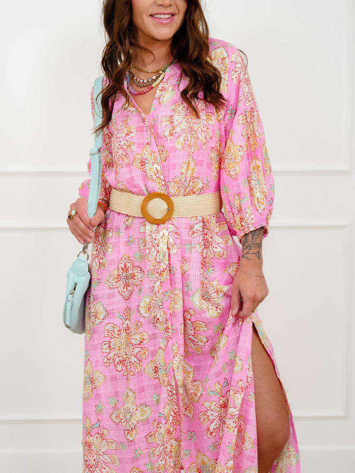 POL Floral Print Half Puff Sleeve Button Down Midi Dress - Freckled Poppy
