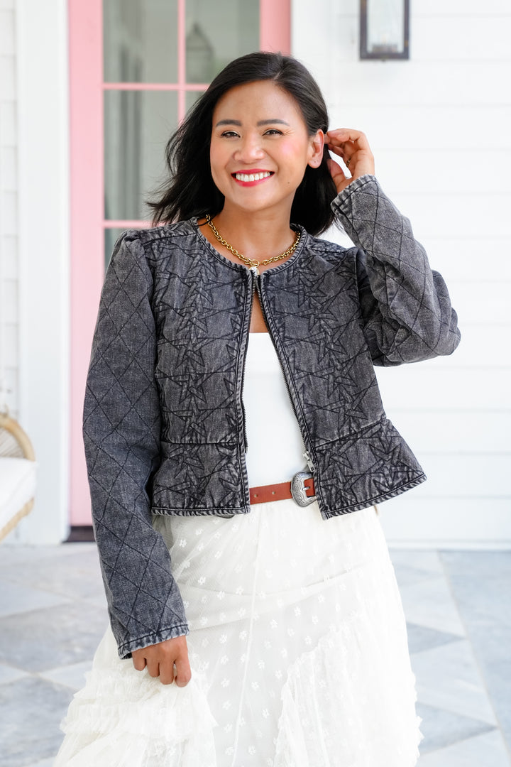 Quilted Peplum Zip Up Crop Jacket - Freckled Poppy