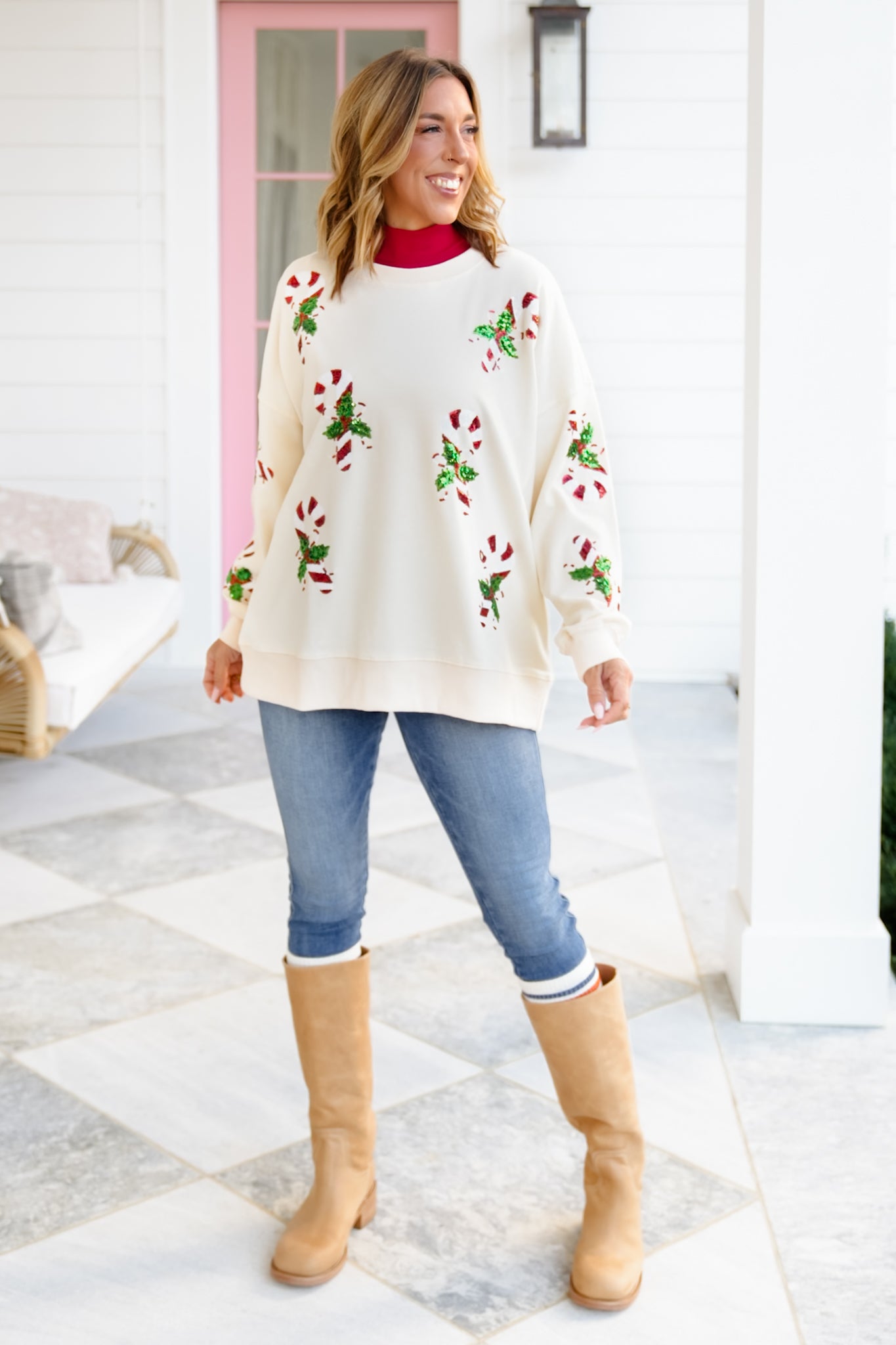 Long Sleeve Sequin Candy Cane Pullover Sweatshirt
