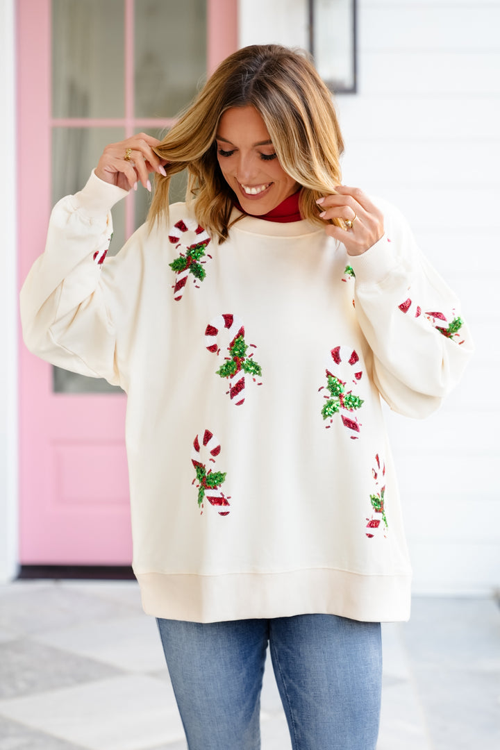Long Sleeve Sequin Candy Cane Pullover Sweatshirt