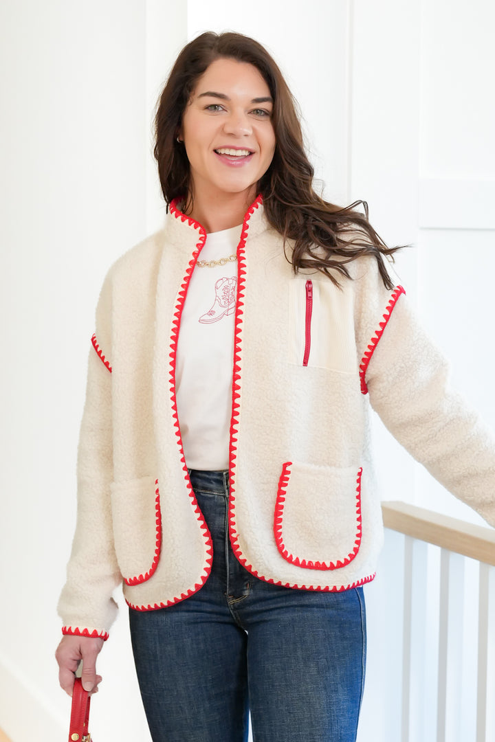 Sherpa Long Sleeve Open Front Jacket with Blanket Stitch Trim