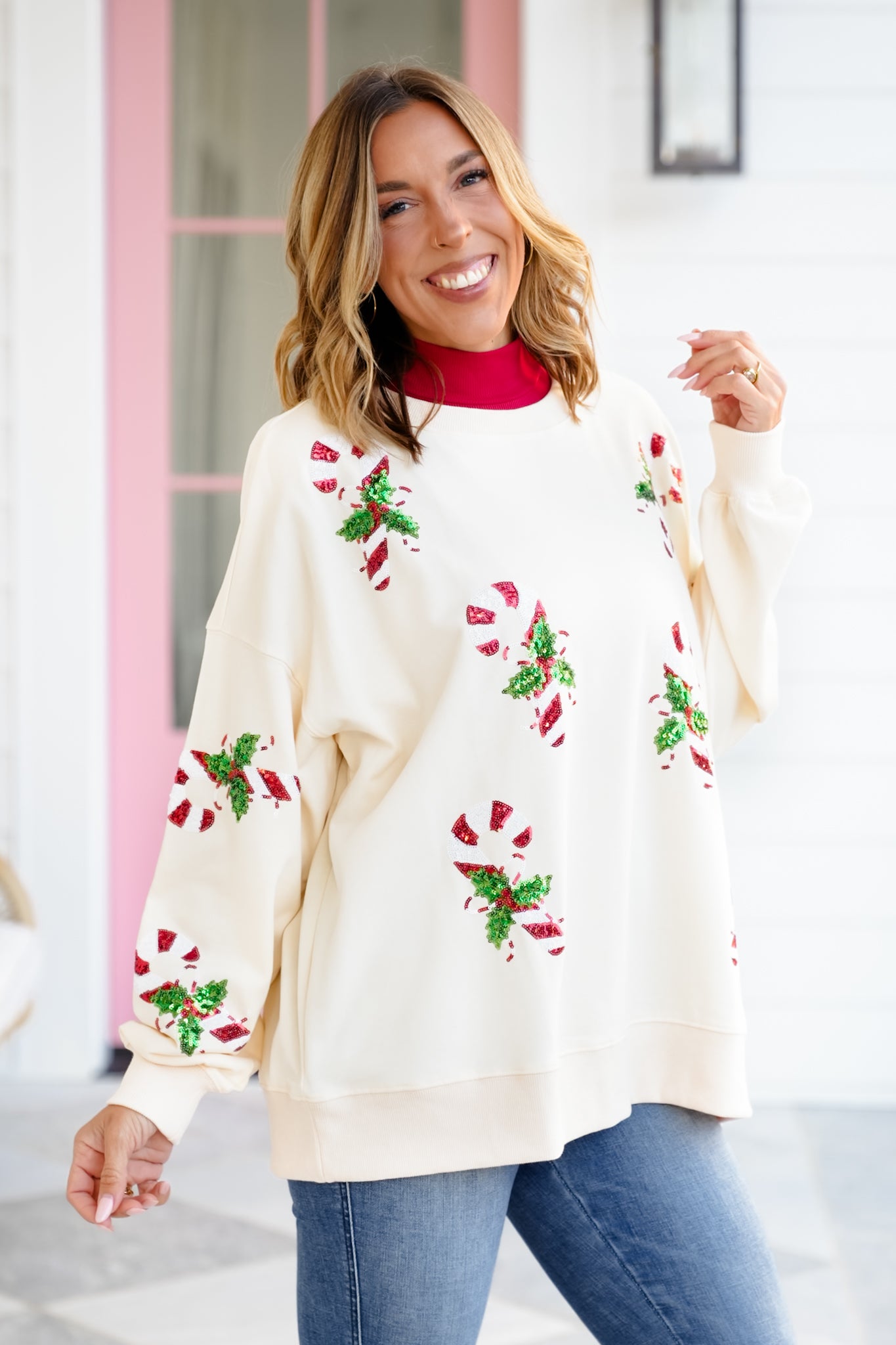Long Sleeve Sequin Candy Cane Pullover Sweatshirt